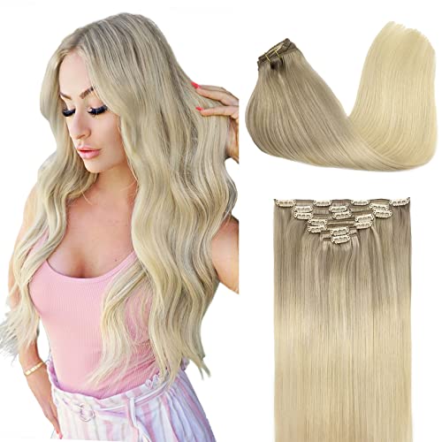 DOORES Clip-in Human Hair Extensions 20 Inch 120g 7pcs - Balayage Ash Blonde to Golden Blonde & Platinum Blonde - Remy Straight Thick Hair Extensions for Volume & Length | Perfect for Parties, Weddings & Daily Styling