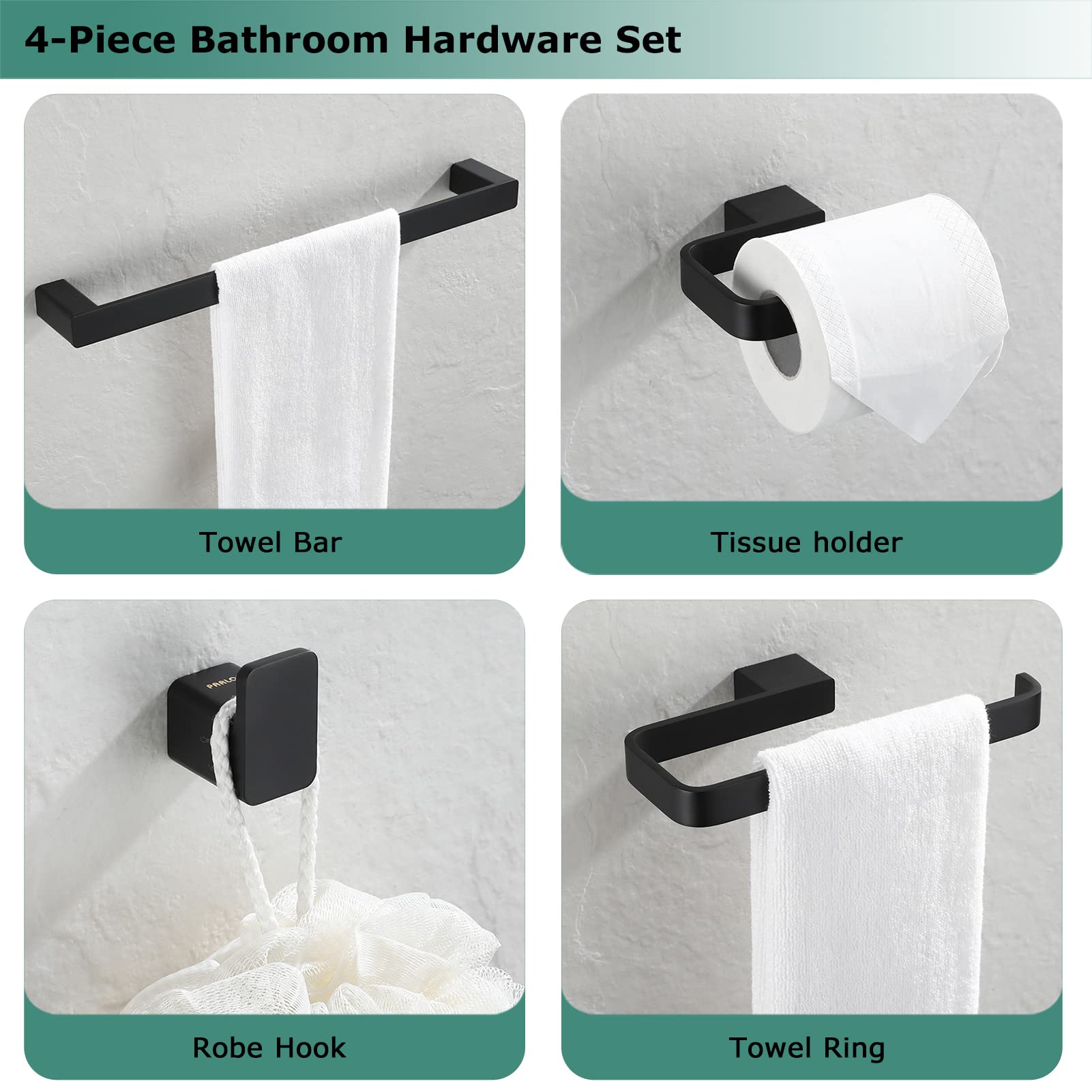 PARLOS 4-Piece Matte Black Brass Bathroom Hardware Set - 17