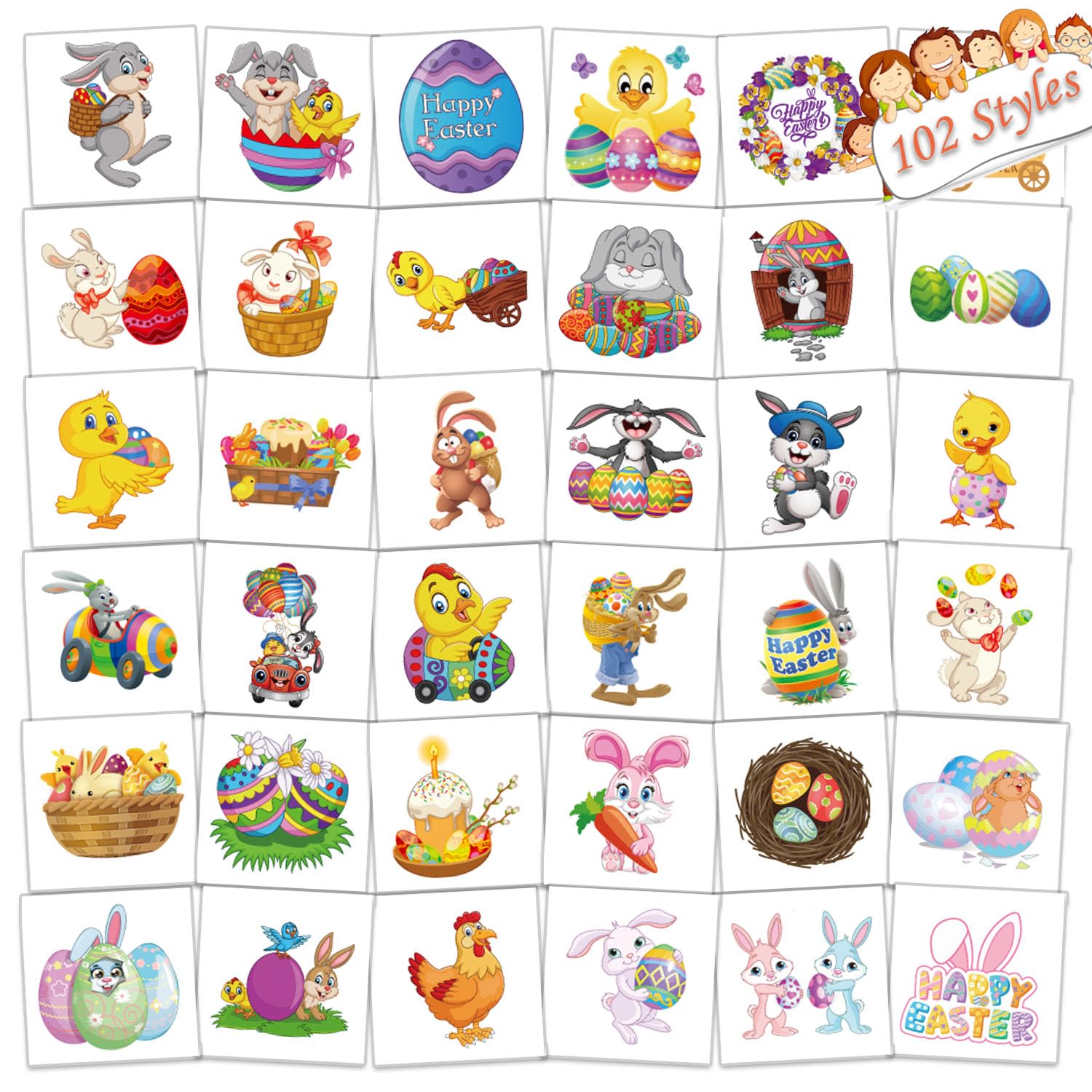 102-Piece Easter Temporary Tattoos for Kids - Bunny, Chick & Egg Designs - Safe, Non-Toxic Body Art Stickers for Boys & Girls - Perfect for Easter Parties, Egg Hunts & Spring Celebrations