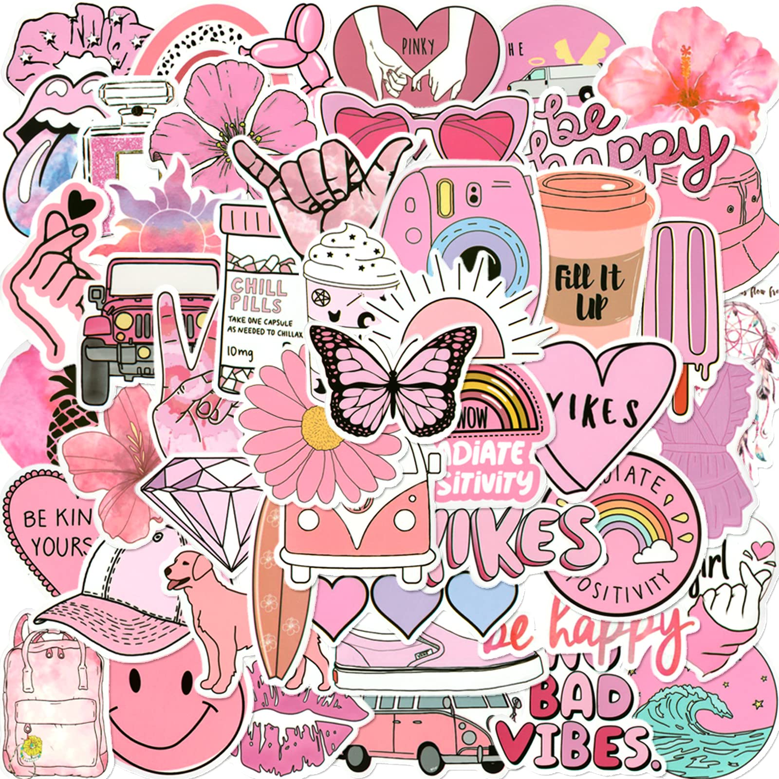 50 Pcs Pink Aesthetic Waterproof Vinyl Stickers - Cute Decals for Water Bottles, HydroFlask, Laptop, Phone, Skateboard & Car | Perfect for Teens & Adults | Great for School, Office & Travel Accessories