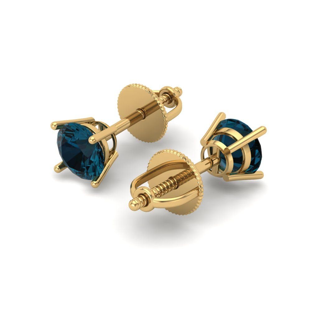 0.50 Carat Round Cut Natural London Blue Topaz Stud Earrings in 14K Yellow Gold, Screw Back - Solitaire Conflict-Free Gemstone Jewelry for Women, Perfect for Weddings, Parties & Everyday Wear