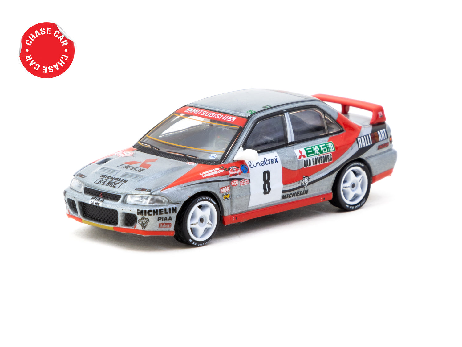 Tarmac Works 1/64 Scale Mitsubishi Lancer Evolution Rallye Monte Carlo 1993 #8 Diecast Model Car - Collectible Miniature for Racing Fans & Display Enthusiasts