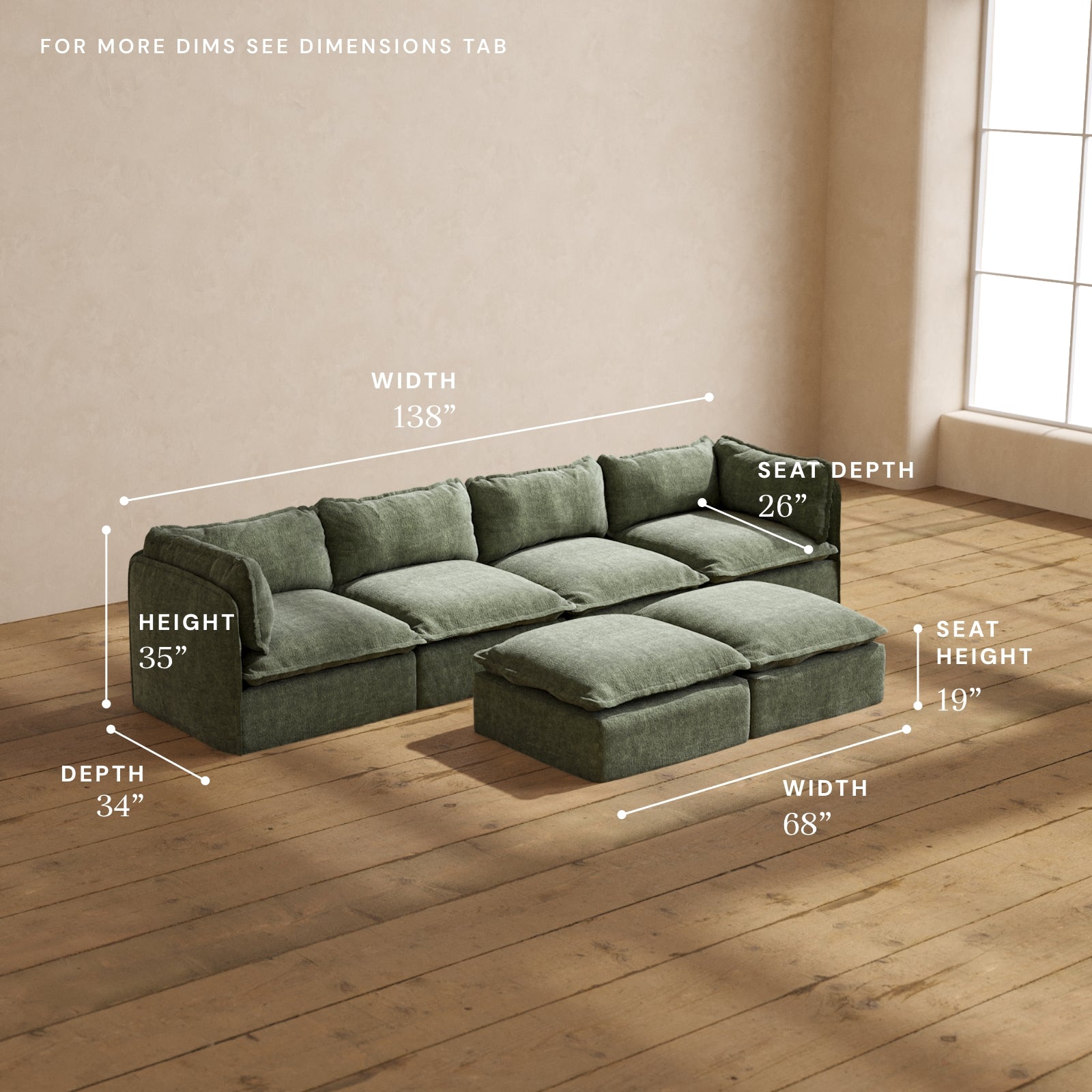 Modular Performance 4-Seater Sofa with Bench Ottoman in Willow Fabric | Modern Sectional Couch for Living Room, Family Room or Lounge Area | Relaxed Blend Comfortable Seating