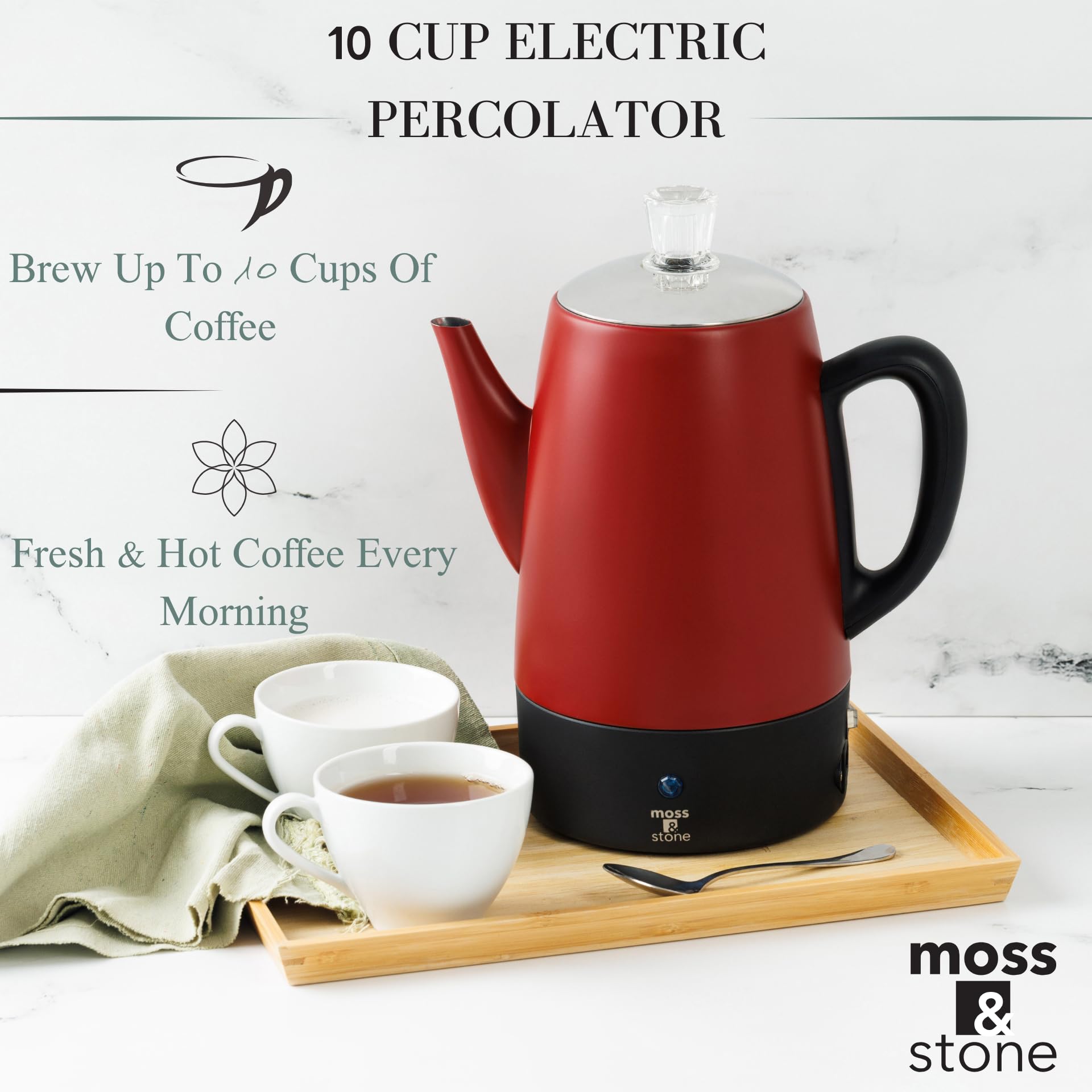 Electric Coffee Percolator - 10 Cup Stainless Steel Camping Coffee Maker with Red Body & Lid for Outdoor, RV, and Home Brewing | Moss & Stone