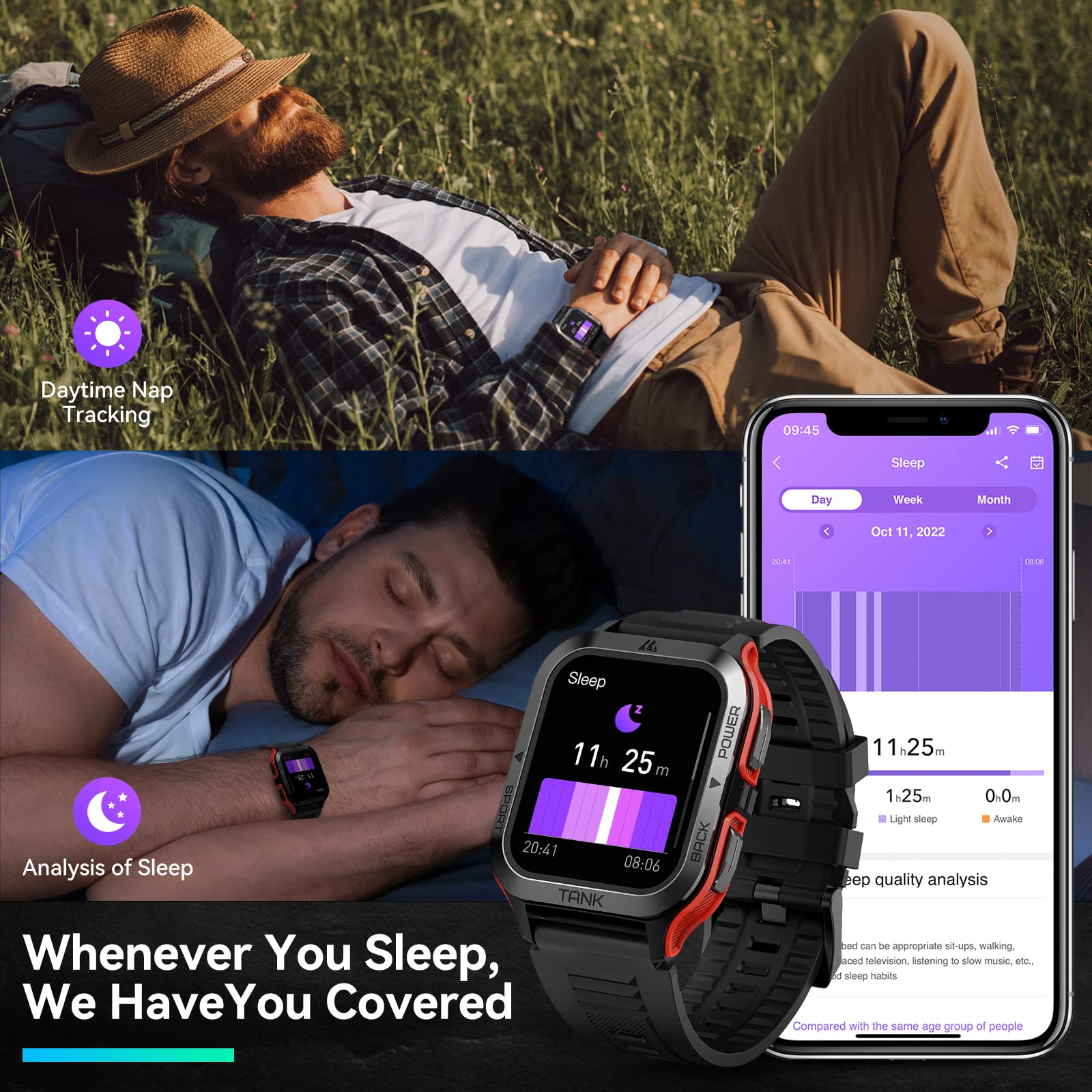 AMAZTIM Rugged Military Smart Watch with 60-Day Battery, 50M Waterproof, Bluetooth Calling, 1.85