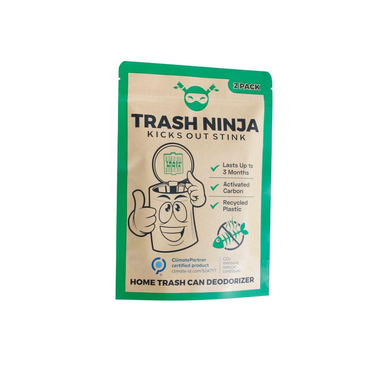 Trash Ninja Activated Carbon Odor Eliminator (2 Pack) – Natural Garbage Can Deodorizer for 10 Gallon Indoor Trash Bins – Lasts 3 Months – Eliminates Kitchen, Bathroom & Pet Waste Odors