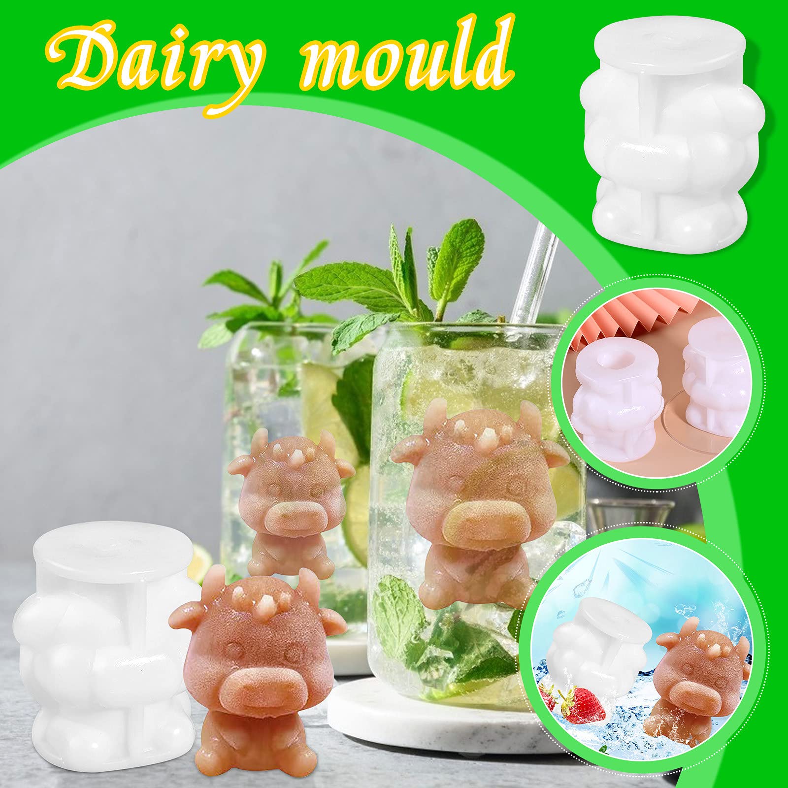 Premium Silicone Cow Ice Mold - Bear & Animal Shaped Ice Cube Tray for Coffee, Cocktails & Baking - Fun & Unique Ice Cubes for Parties, Drinks & Desserts