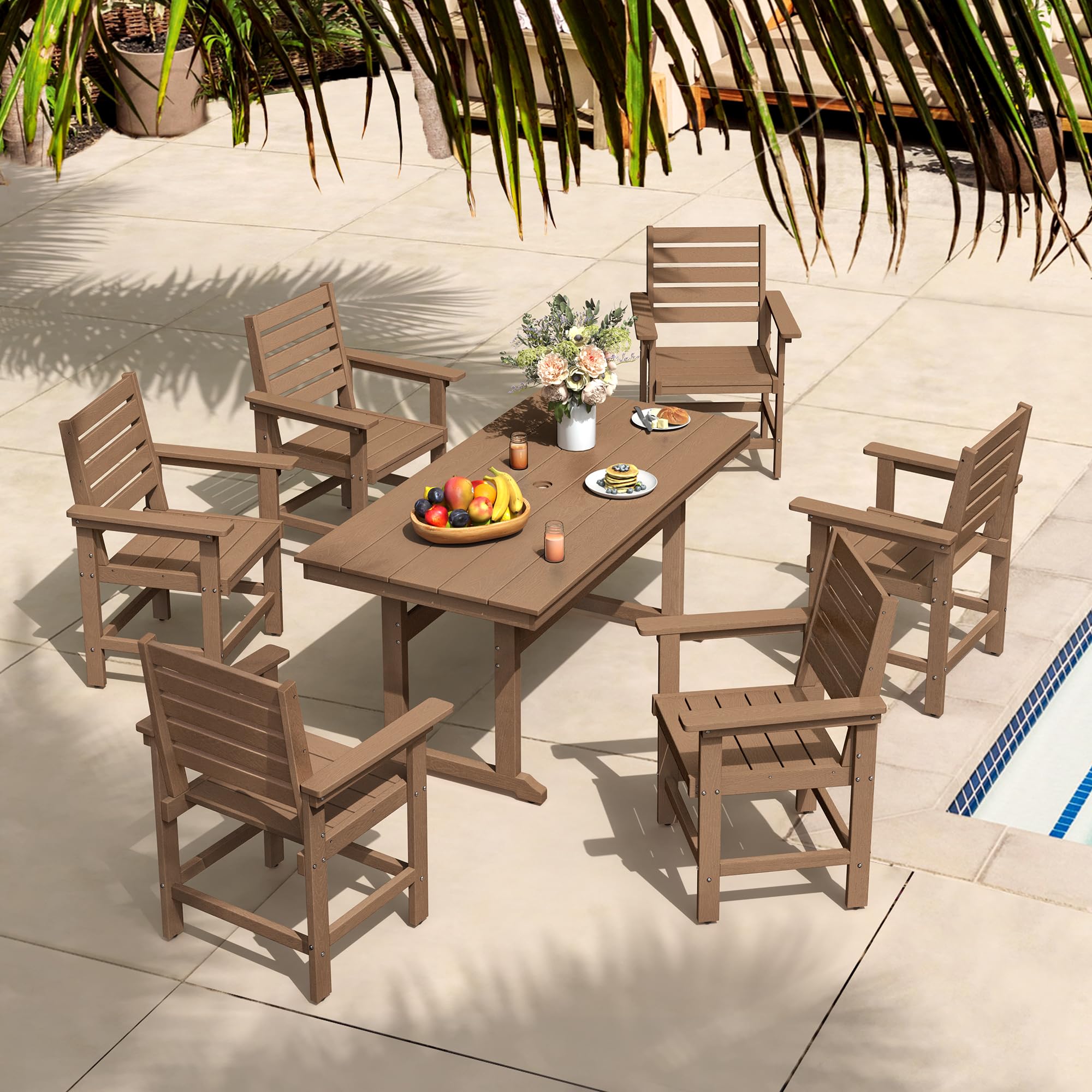 7-Piece HDPE Weather-Resistant Outdoor Dining Set with Umbrella Hole - Rectangle Patio Table & 6 Chairs - Light Brown Balcony Furniture for Backyard, Garden & Poolside Gatherings
