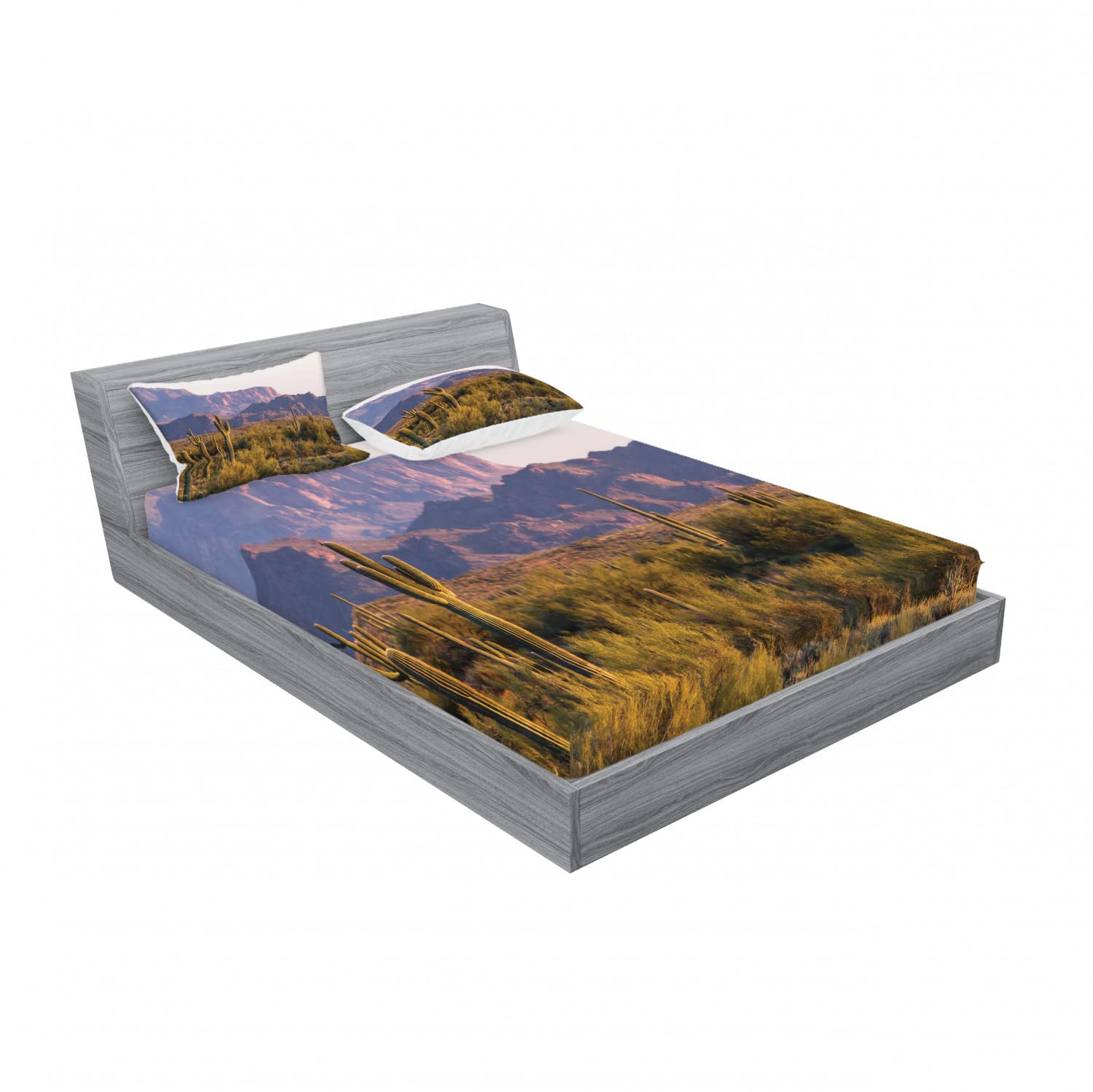 Ambesonne 4-Piece King Size Bedding Set - 2 Fitted Sheets & 4 Pillow Shams with Cactus Mountain Spring Landscape Design in Brown & Green | Perfect for Desert Themed Bedrooms, Guest Rooms & Vacation Homes
