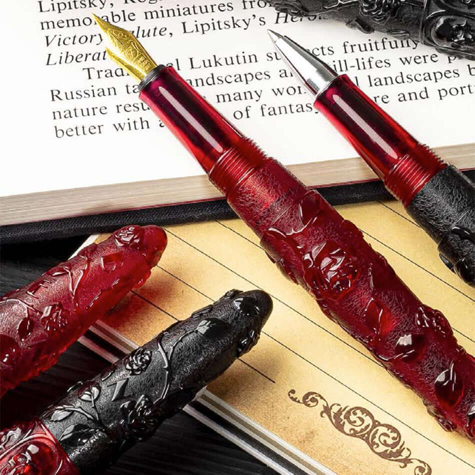 Benu Skull & Roses Fountain Pen - Elegant Red Rose Design for Writing, Calligraphy & Gift Giving - Perfect for Professionals, Students & Collectors