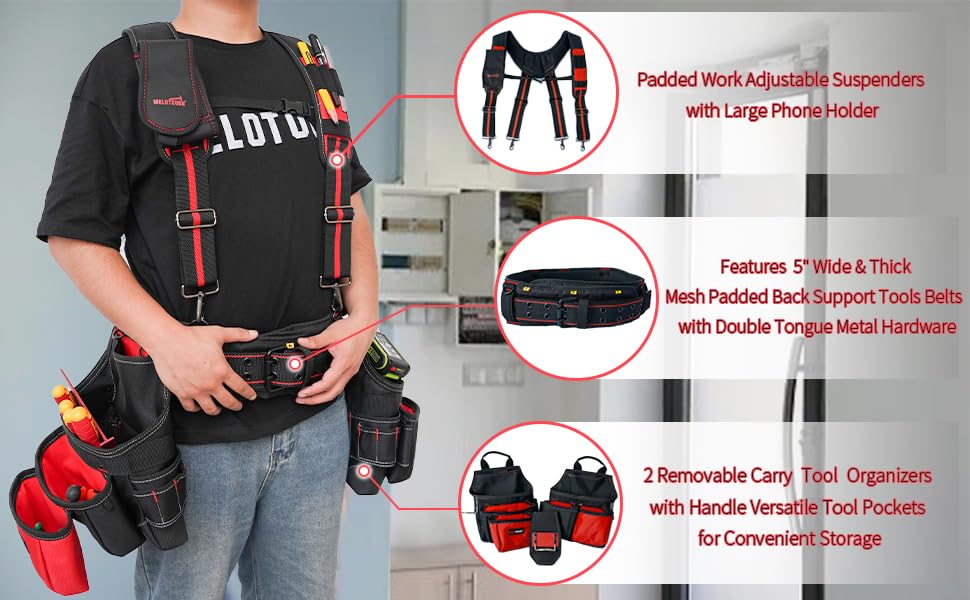 MELOTOUGH Pro Framer Combo System - Heavy Duty Magnetic Tool Pouch with Adjustable Carpenter Tool Belt & Multi-Function Suspenders (Red) | Perfect for Construction, Carpentry & DIY Projects