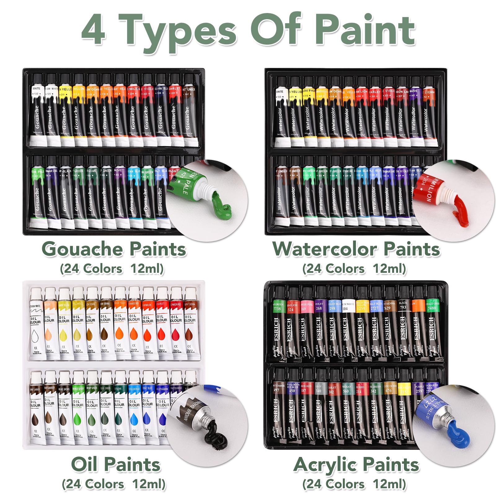 ESRICH 166-Piece Deluxe Painting Set for Adults & Kids - 96 Oil, Watercolor, Gouache & Acrylic Paints with 45 Brushes, Metal/Wooden Easels, Canvas & Paper Pads - Complete Artist Painting Supplies Kit for Beginners, Professionals & Classroom Use