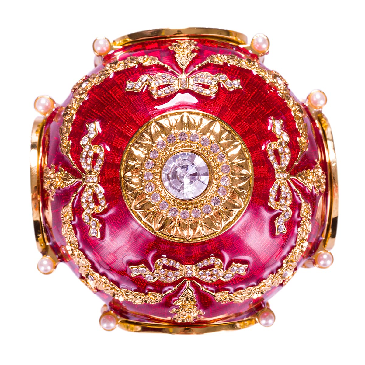 Danila-Souvenirs Faberge Style Caucasus Egg Jewelry Box with Photo Frames - 7.2 Inch (18 cm) Red Handmade Trinket Box - Perfect for Gift Giving, Home Decor & Jewelry Storage