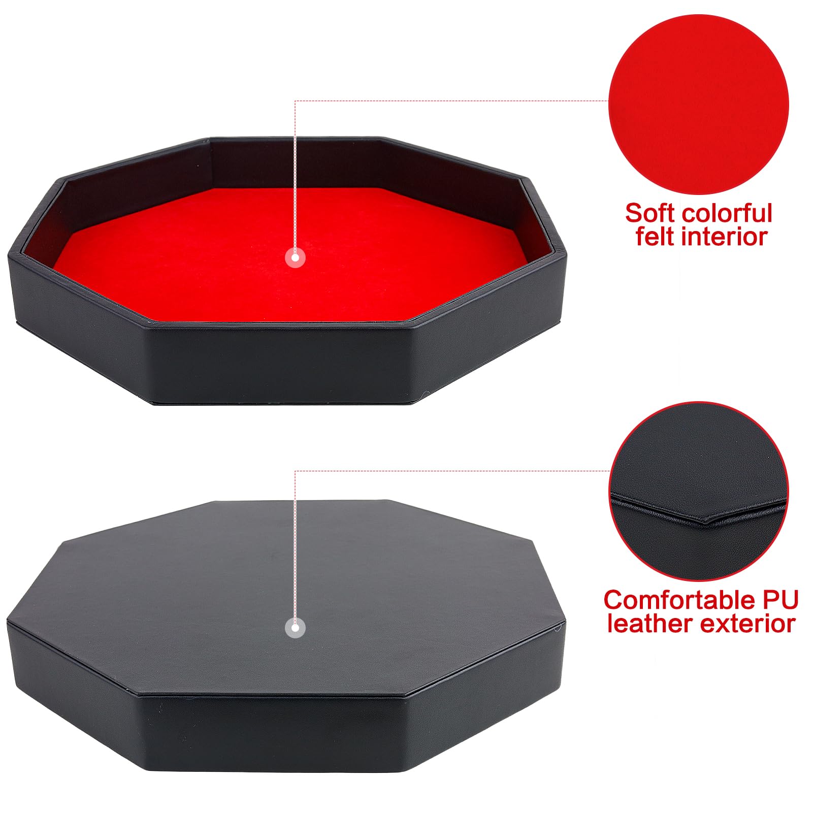 Premium PU Leather Octagon Dice Rolling Tray with Soft Felt Lining - Ideal for Dungeon Crawler, D&D, MTG and Board Games - Perfect Gift for Tabletop RPG Gamers (Red)