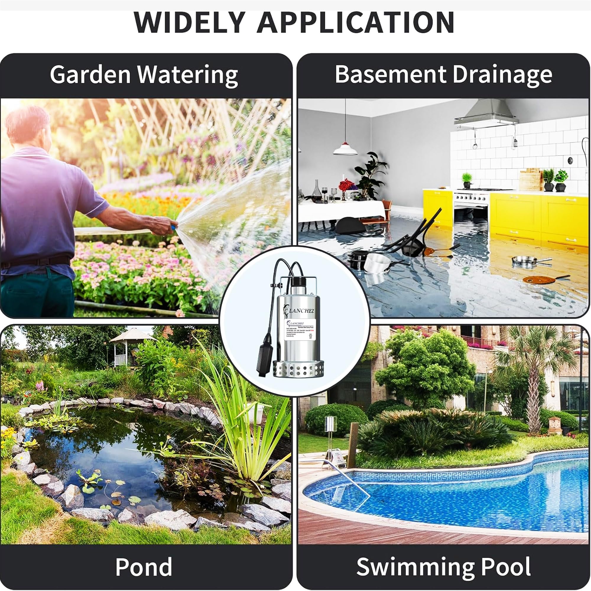 Lanchez 2610GPH Stainless Steel Submersible Sump Pump with Automatic Float Switch - Heavy Duty Portable Water Utility Pump with Copper Wire Motor & 25FT Cord - Ideal for Pool Draining, Pond Maintenance, Basement Flooding, and Emergency Water Removal