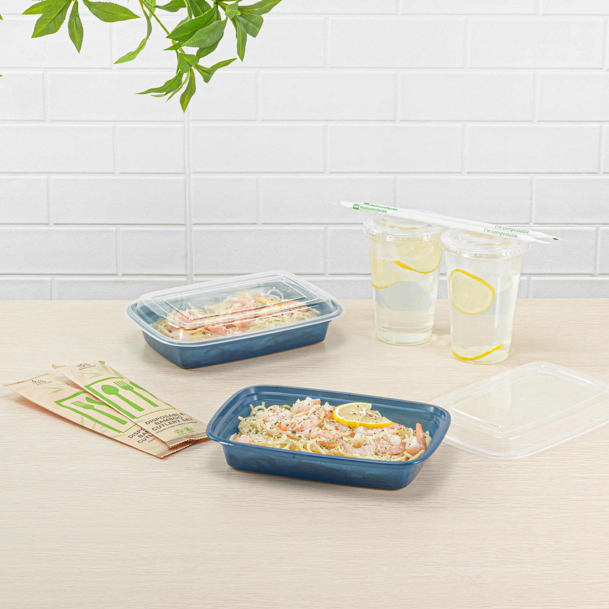 28oz Rectangle Plastic Food Storage Containers with Clear Lids - Microwave Safe To-Go Boxes (8.75