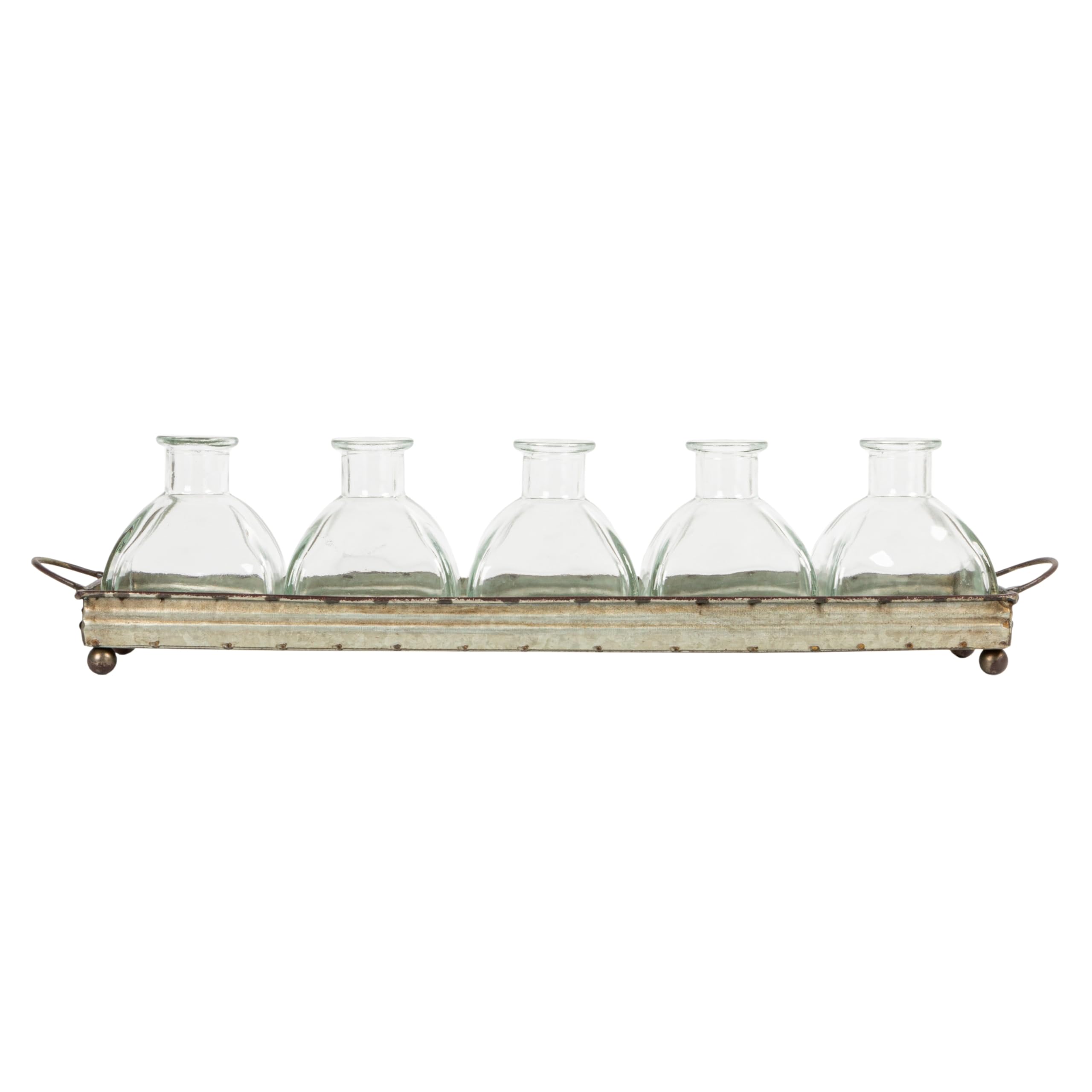 Decorative Iron Rectangle Serving Tray with Handles & 5 Glass Vases - Perfect for Dining Table Centerpiece, Wedding Decor, and Home Organization