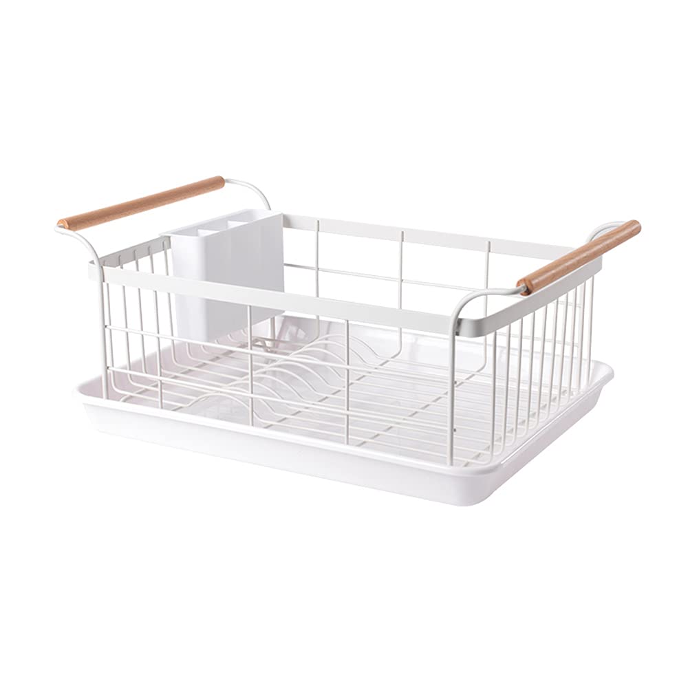 WDPINPAN Kitchen Dish Drying Rack with Full-Mesh Storage Basket, Wooden Handle & Removable Cutlery Tray - Space Saving Sink Organizer for Countertop, Dishware Storage - Perfect for Small Kitchens, Apartments & RV Use