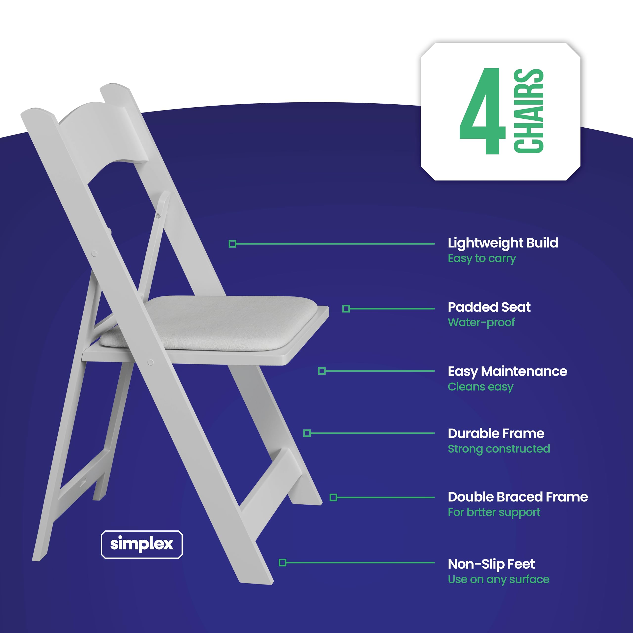 SIMPLEX 4-Pack White Resin Folding Chairs with Padded Seats - Comfortable Stackable Indoor Outdoor Chairs for Weddings, Parties, Picnics & Events - Lightweight Portable Foldable Chairs for Home, Garden, Camping & Patio Use