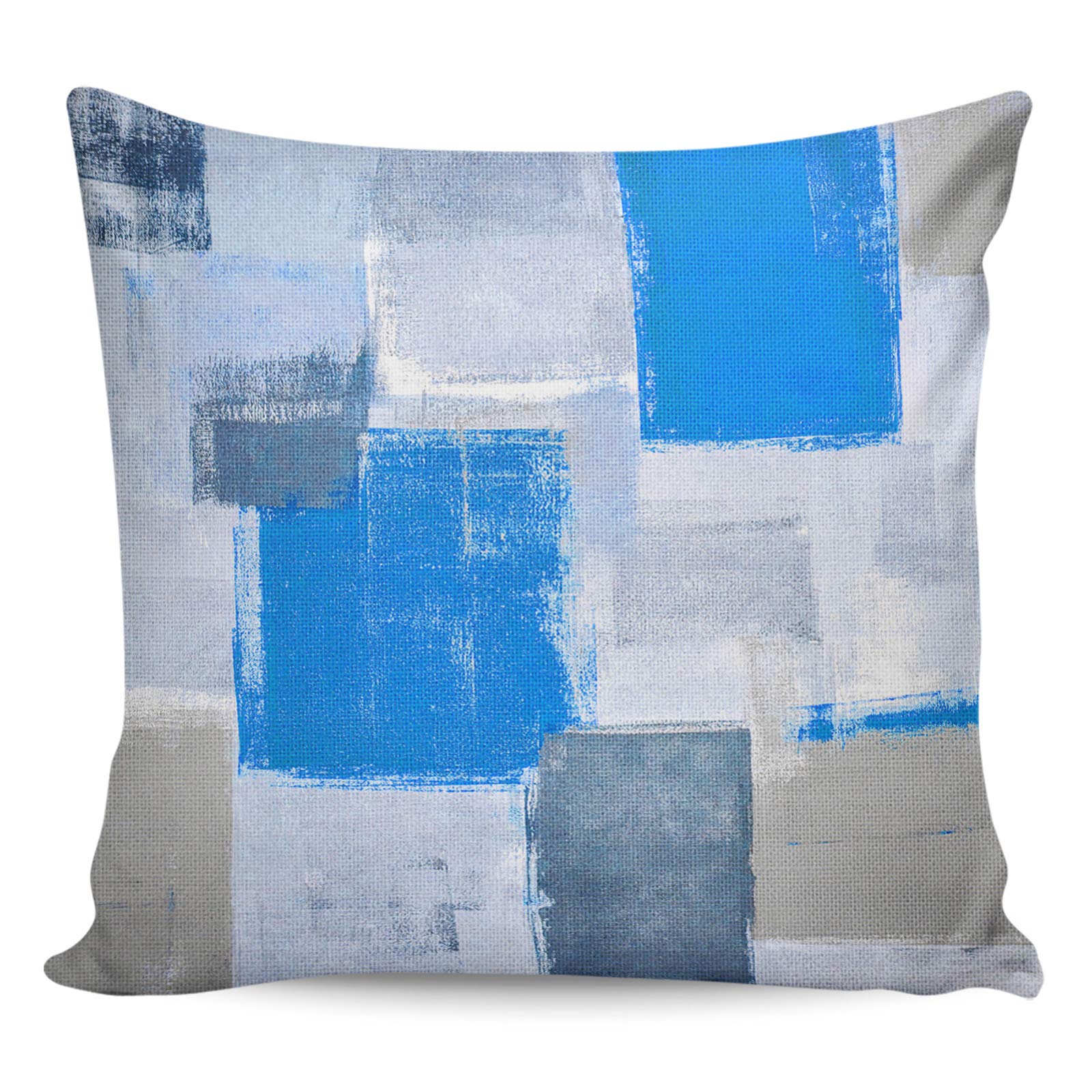 Modern Blue and Grey Square Pillow Cover - 16x16 Inch Cotton Linen Decorative Throw Pillow Case for Sofa, Bed, Outdoor - Home Decor Cushion Cover for Living Room, Patio, Dorm