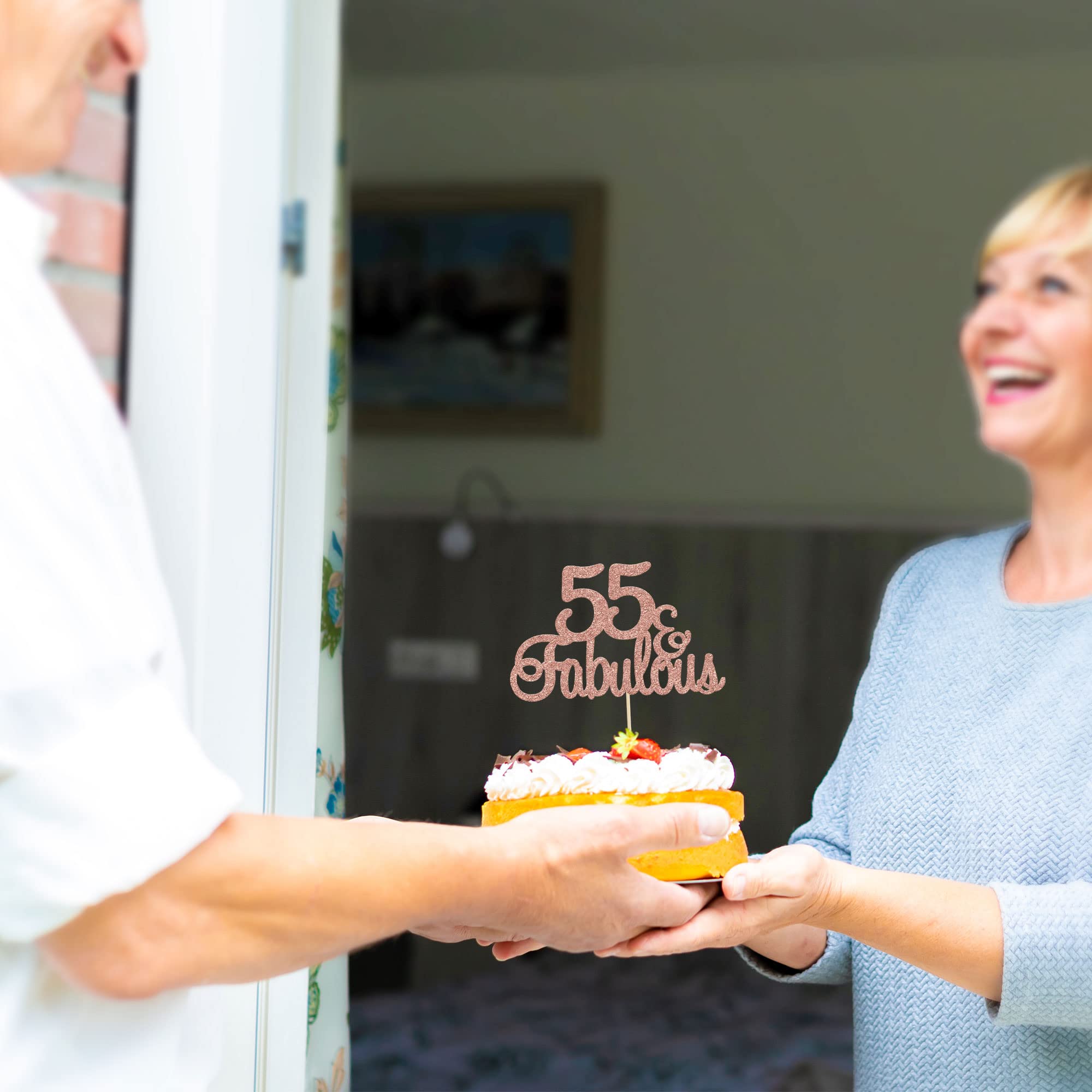 55 & Fabulous Rose Gold Glitter Cake Topper - Happy 55th Birthday Cake Decorations for Anniversary & Birthday Parties - Perfect for Wedding Anniversaries, Milestone Celebrations & Special Occasions