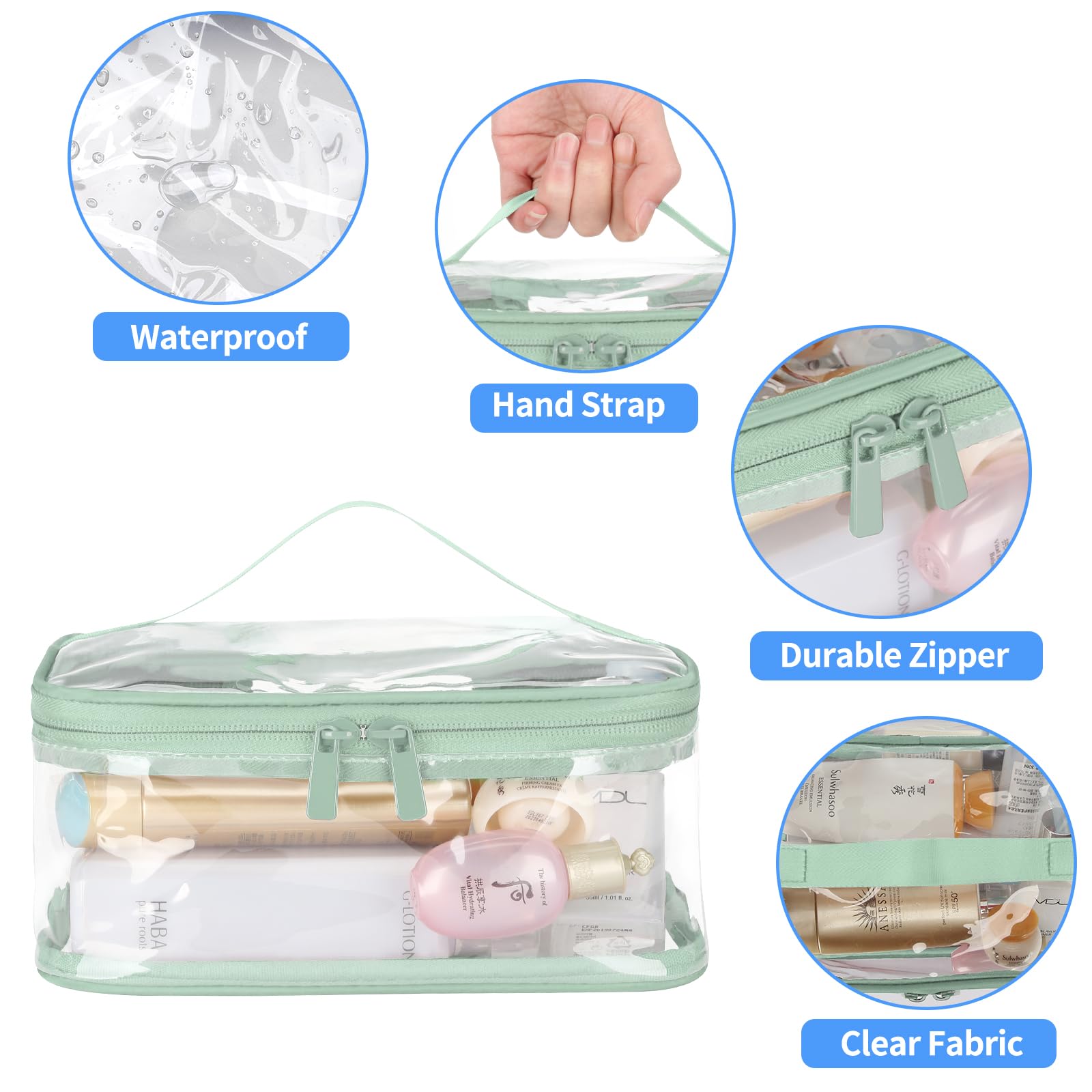 HAOGUAGUA 2-Pack Clear Makeup Bags for Travel - TSA Approved Waterproof Transparent Toiletry Organizer (Green) | Perfect for Airports, Gym & Daily Essentials Storage