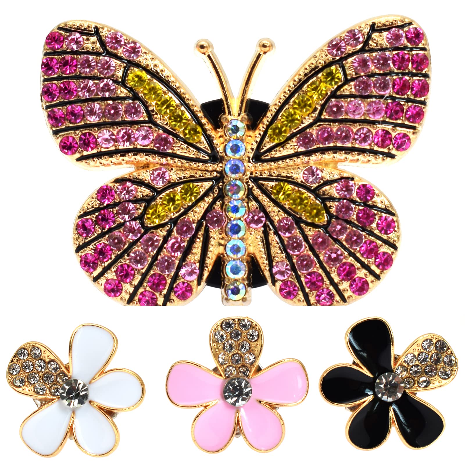 4PCS Bling Butterfly Car Air Vent Clips - Pink Butterfly & 3 Flower Decorations, Aromatherapy Air Freshener for Women - Perfect for Car Dashboard Decor & Home Fragrance