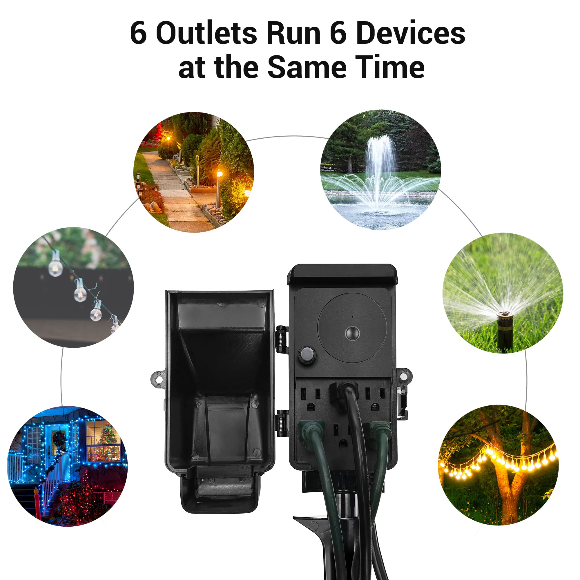 DEWENWILS WiFi Smart Outdoor Power Stake with 6 Outlets - Waterproof Yard Plug with 6Ft Cord, Voice Control via Alexa & Google Assistant, 1875W/15A Timer for Garden Lights & Outdoor Decor - Perfect for Patio, Lawn & Holiday Lighting