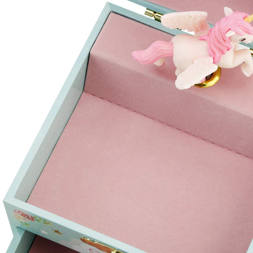 RR ROUND RICH DESIGN Musical Jewelry Box for Girls with Unicorn - Blue Danube Tune, Jewelry Storage Organizer with Drawer & Mirror, Perfect Gift for Birthday, Christmas | Bedroom Decor, Dresser Top Organizer