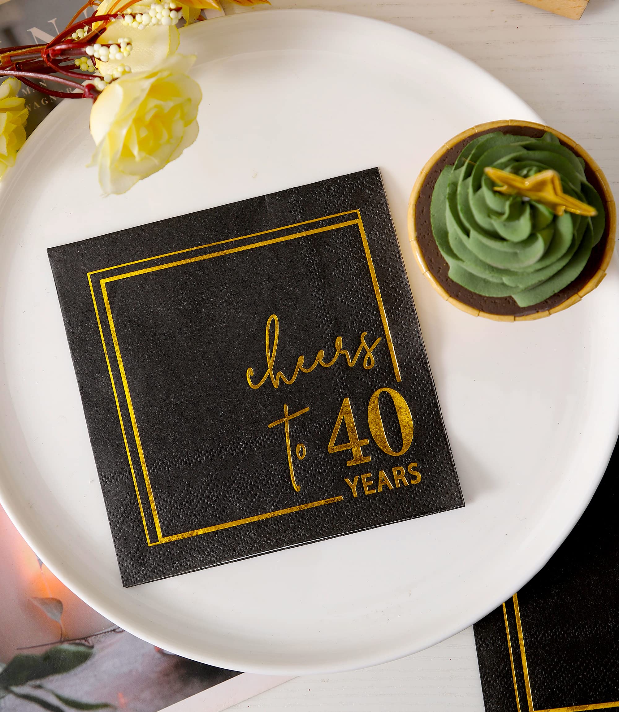 Cheers to Years Cocktail Napkins - 50PK Premium 3-Ply Disposable Party Napkins 5x5 Inches - Elegant Black & Gold Anniversary/Birthday Beverage Napkins for Wedding, 40th Celebration & Cocktail Party Decorations