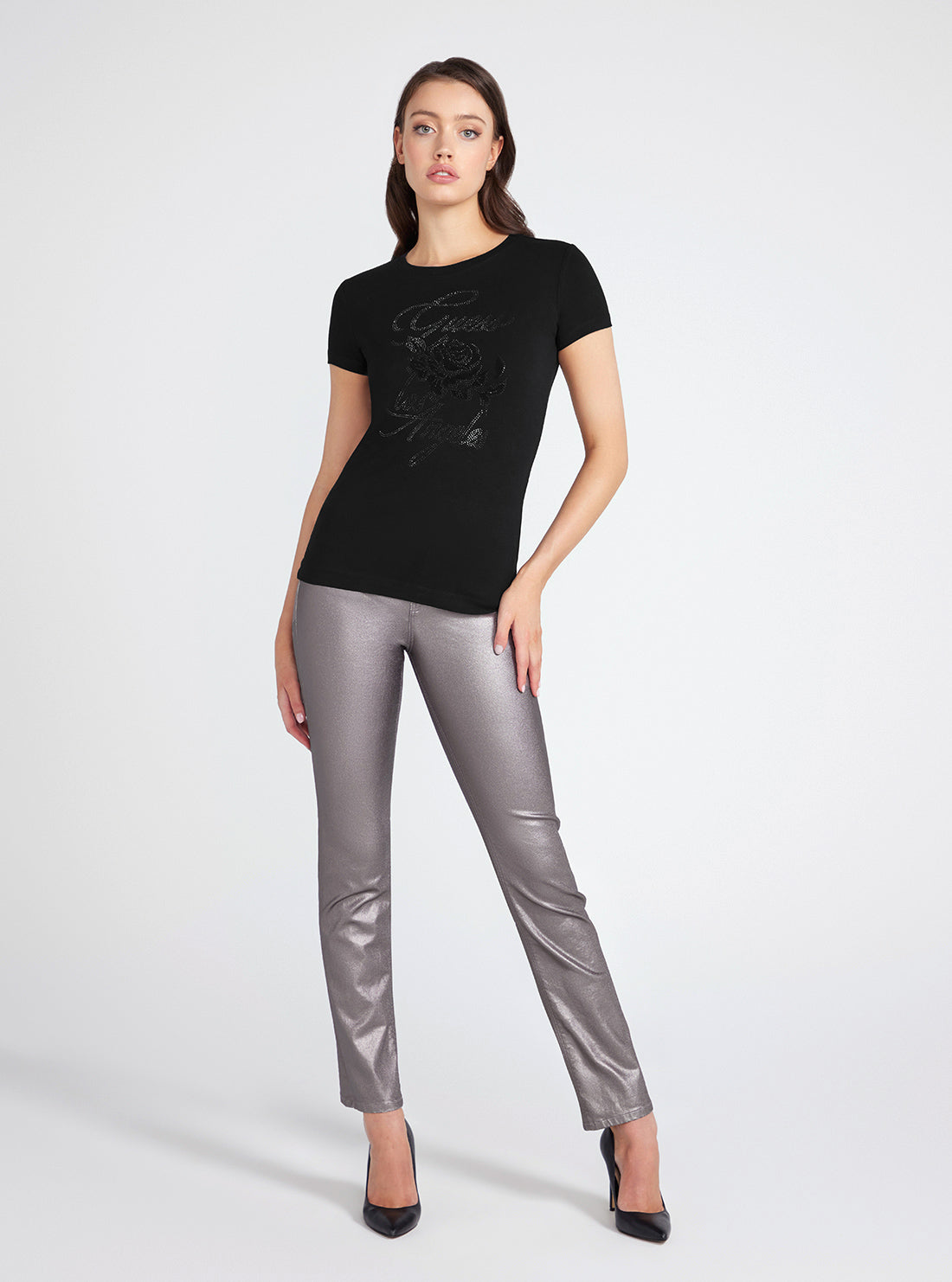 Black Rhinestone Rose Logo T-Shirt for Women - Trendy Graphic Tee for Casual Wear, Parties & Date Nights