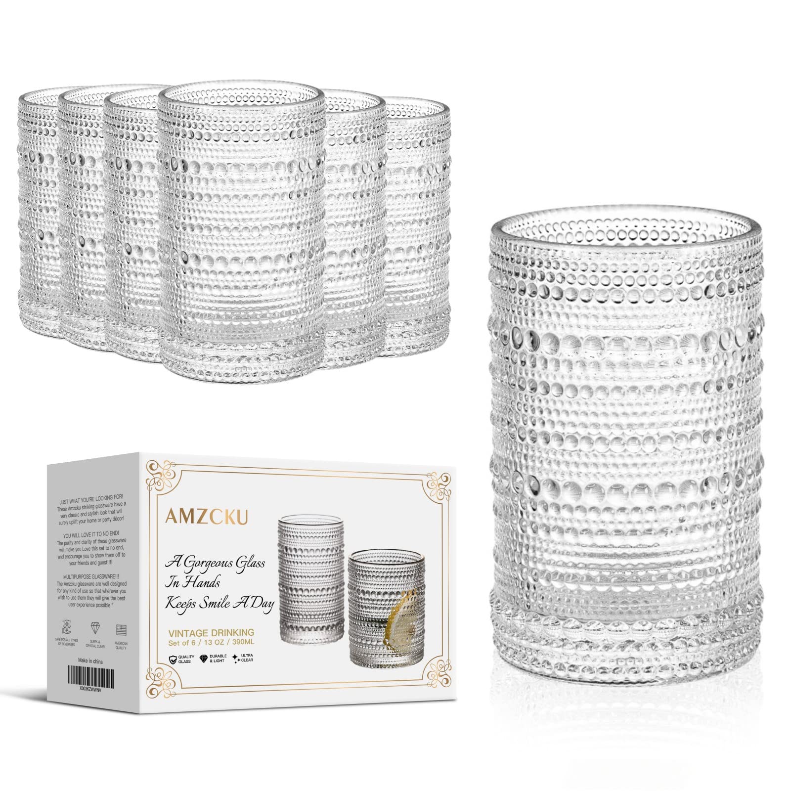 Vintage Highball Drinking Glass Set of 6 - 13oz Classic Bar Glasses for Cocktails, Water, Juice, Milk & Beverages - Perfect for Home Bars, Parties & Everyday Use