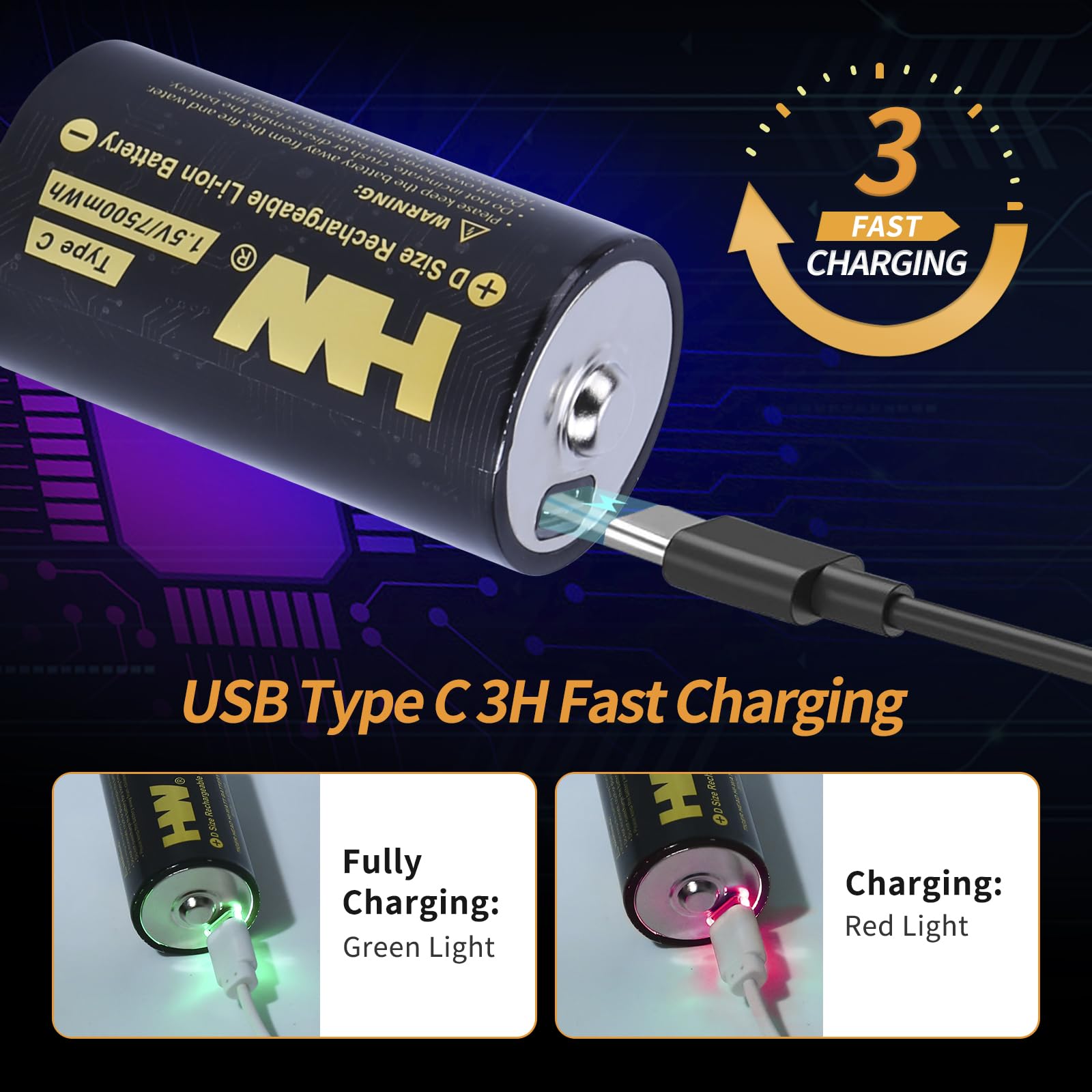 HW Rechargeable D Batteries 4 Pack - 7500mWh Long-Lasting Lithium D Cell Batteries with USB-C Fast Charger (4-in-1 Cable) | 1000+ Charge Cycles | Perfect for Flashlights, Camping Lights, Emergency Kits & Outdoor Gear