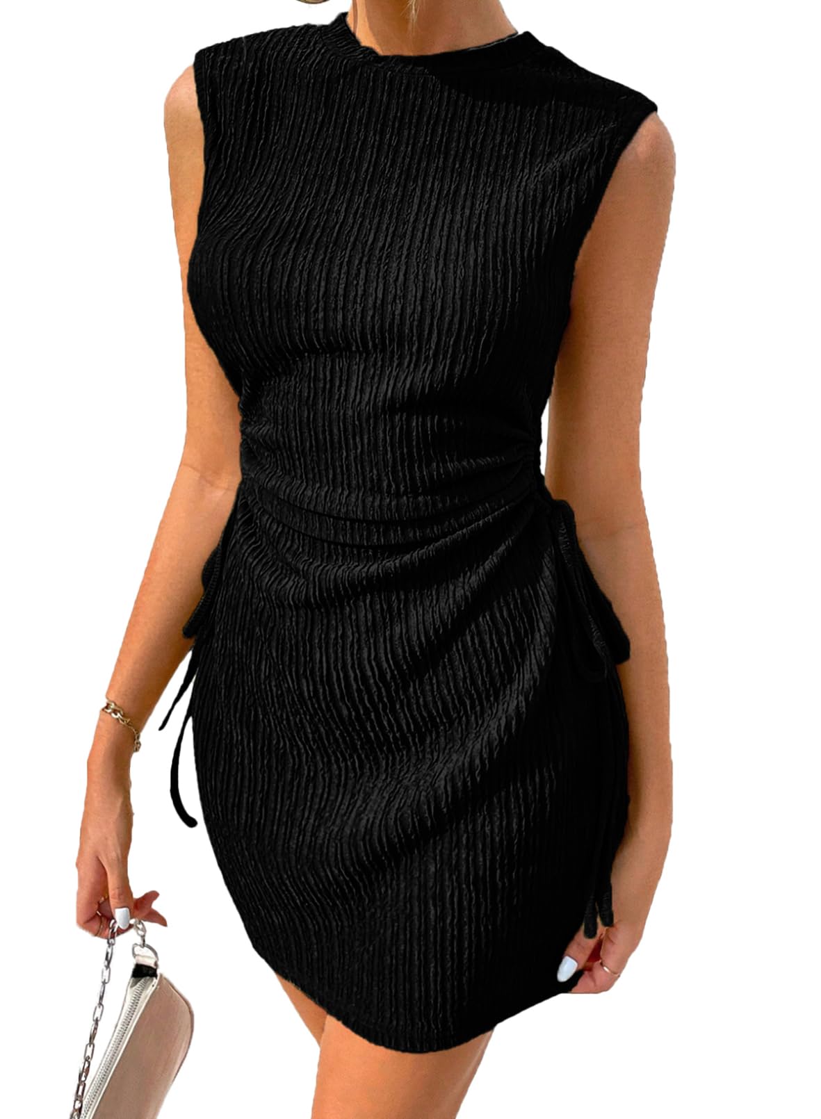 Acelitt Women's Summer Sleeveless Ruched Mini Dress with Cut Out & Drawstring - Perfect for Wedding Guest, Beach Party & Cocktail Events