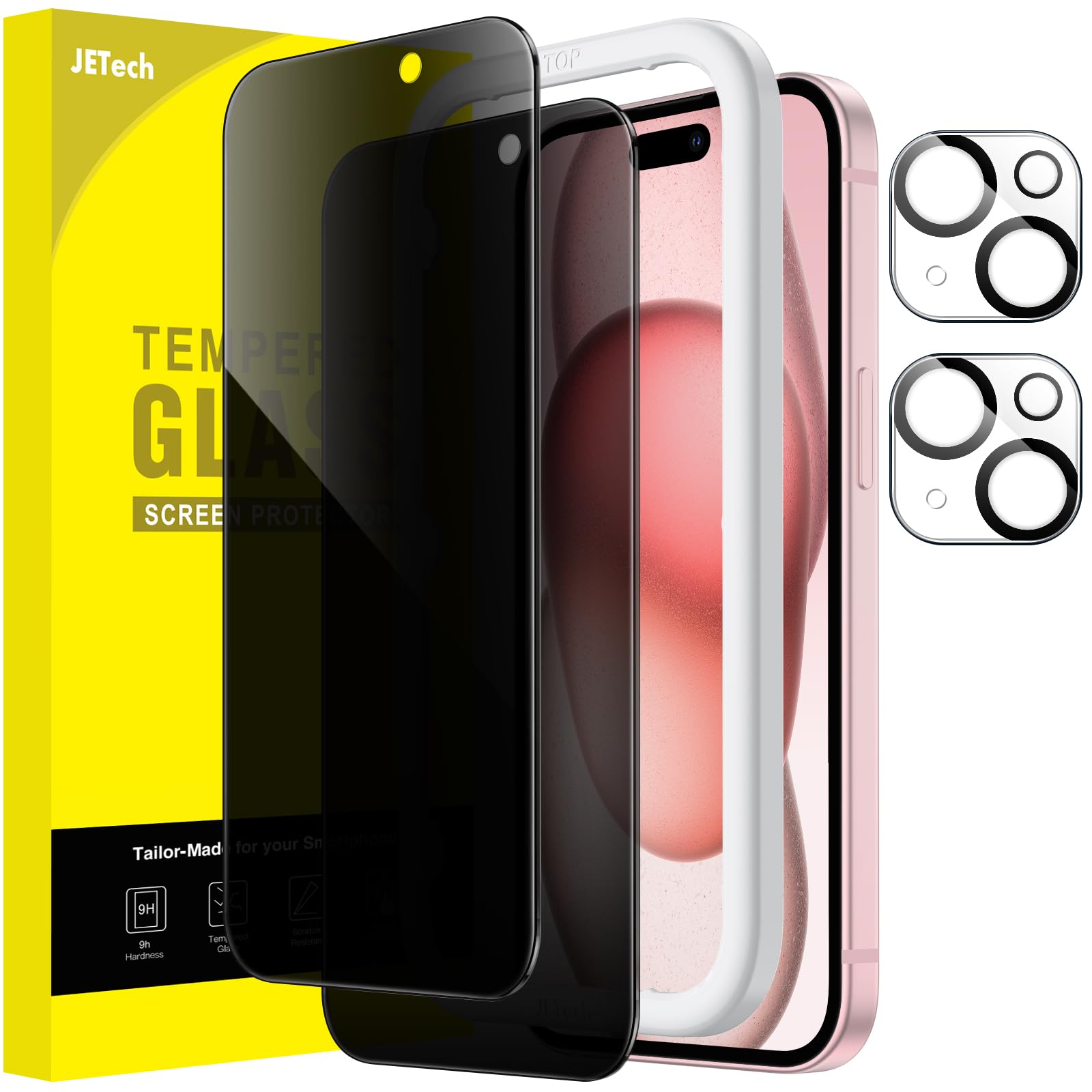 JETech Privacy Screen Protector for iPhone 15 6.1-Inch - 2 Pack Tempered Glass with Camera Lens Protector | Anti-Spy, Easy Installation Tool | Perfect for Work, Banking & Private Browsing