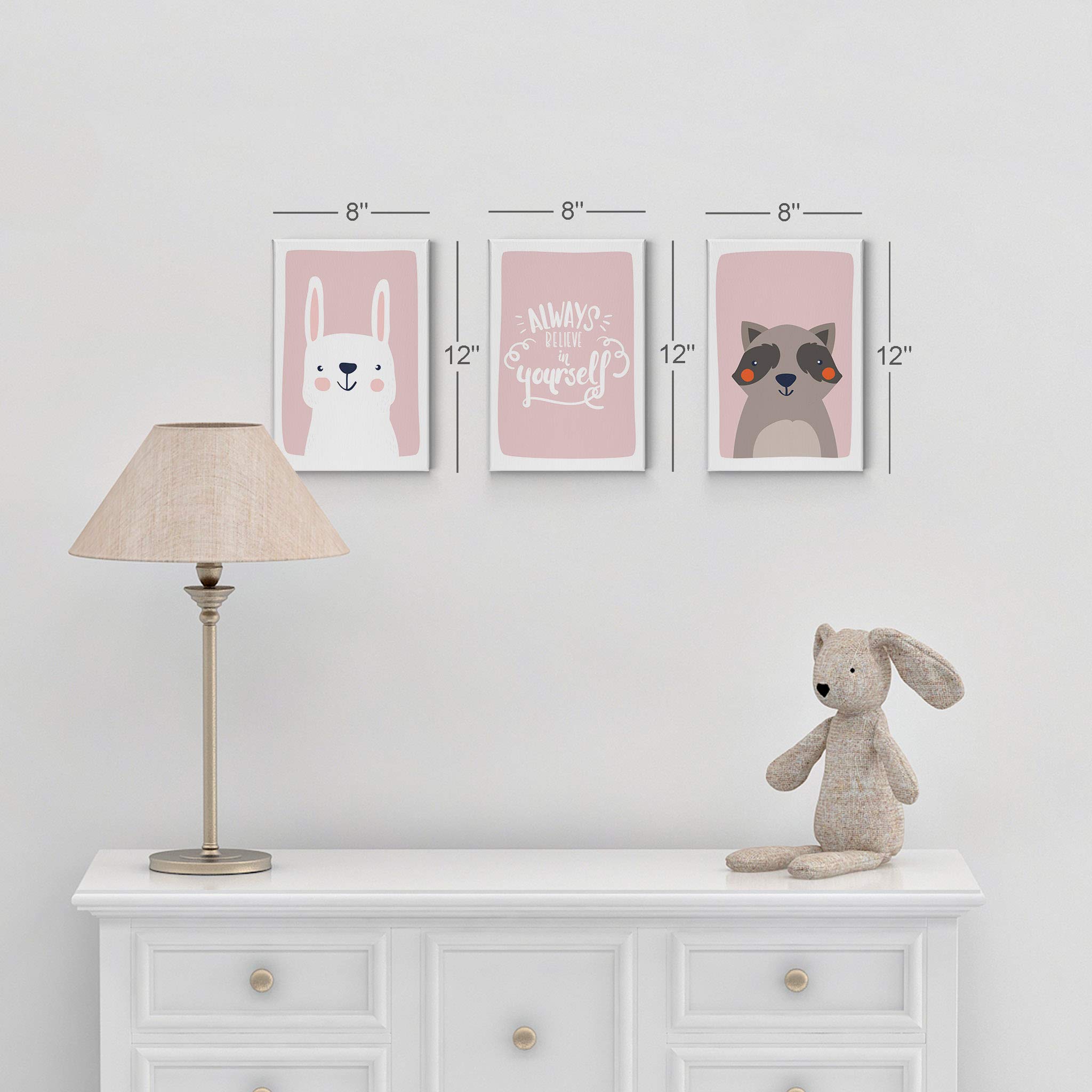 Cute Rabbit & Raccoon Canvas Wall Art Set - 3 Piece Nursery Decor with Inspirational Quotes on Pink Background (22x15 Inches) - Ready to Hang Kids Room Decor for Boys & Girls | Made in USA | Perfect for Baby Shower Gifts & Nursery Wall Decor