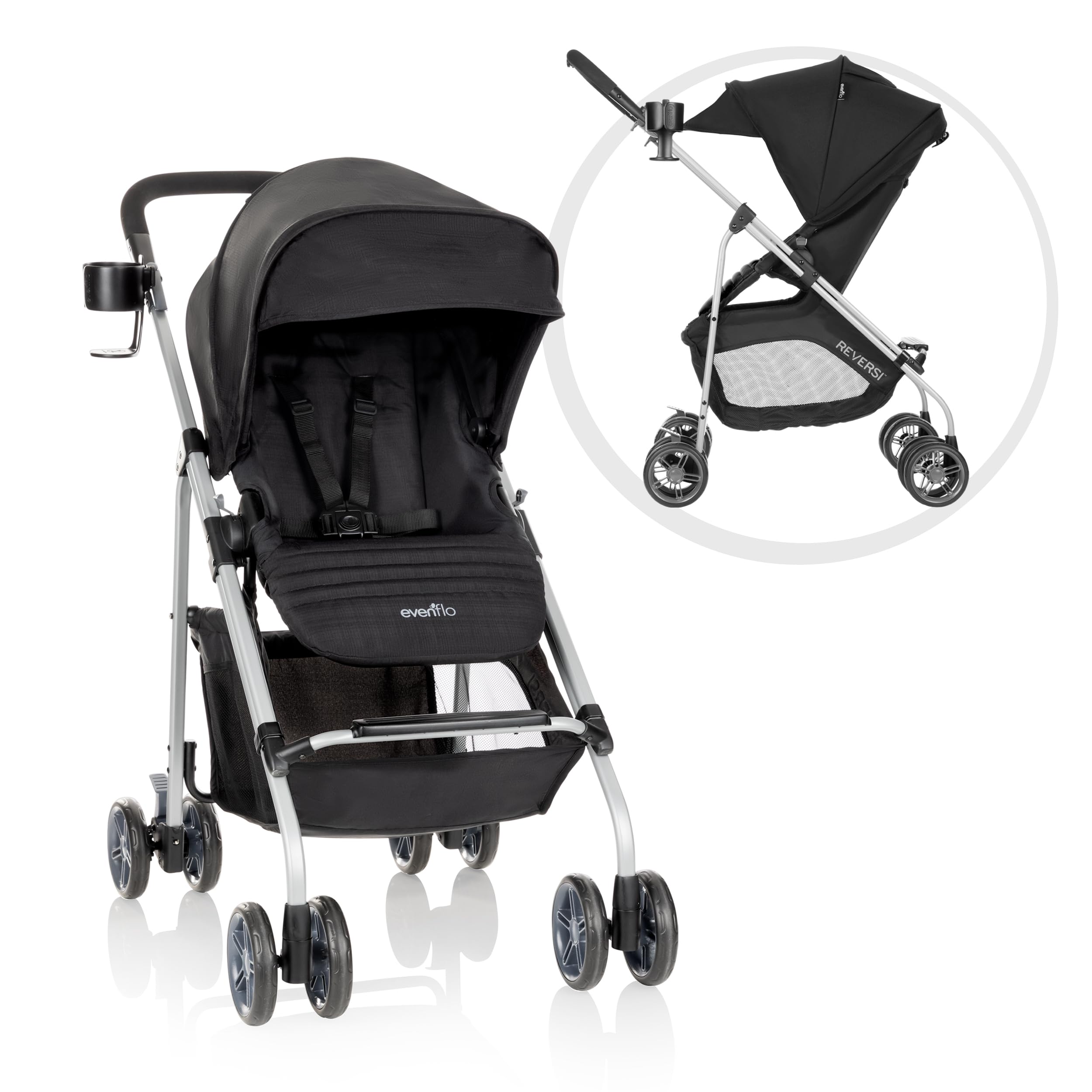 Evenflo Reversi Lightweight Reversible Stroller - Compact Foldable Baby Stroller with Adjustable Canopy & Parent Tray, Altair Black | Perfect for Travel, Shopping & Daily Walks