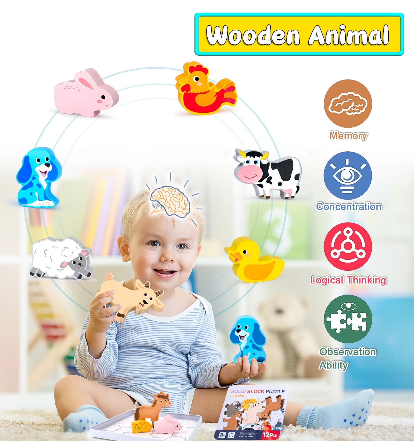 Wooden Animal Puzzles for Toddlers - 12 Pcs Farm Animal Figures, Montessori Matching & Stacking Learning Toys for Boys & Girls Ages 1-3 | Educational Gift for Kids | Perfect for Preschool Classroom, Birthday Party Favors & Early Childhood Development