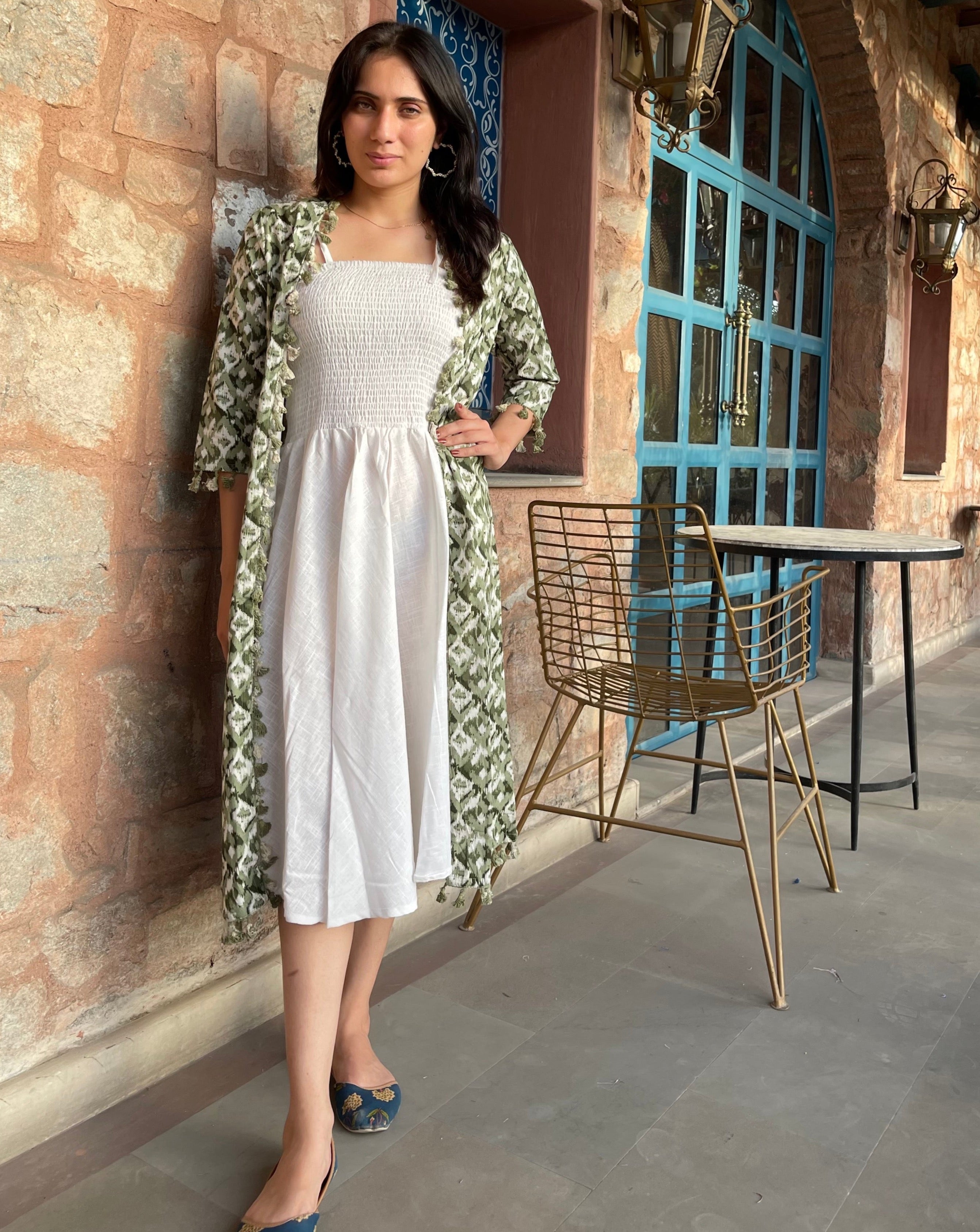 Elegant Green and White Maxi Dress with Jacket - Women's Summer Boho Chic Outfit for Beach, Wedding & Vacation