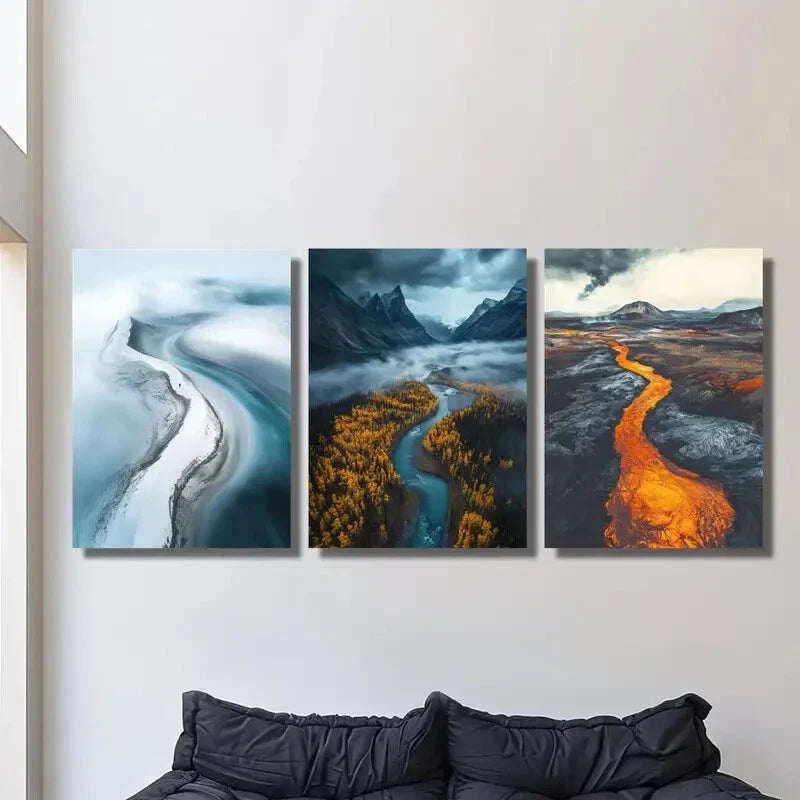 3-Piece Aerial Glacier River Landscape Metal Wall Art Prints - Ready to Hang Home & Office Decor - Perfect for Living Room, Bedroom, or Office Wall Decor