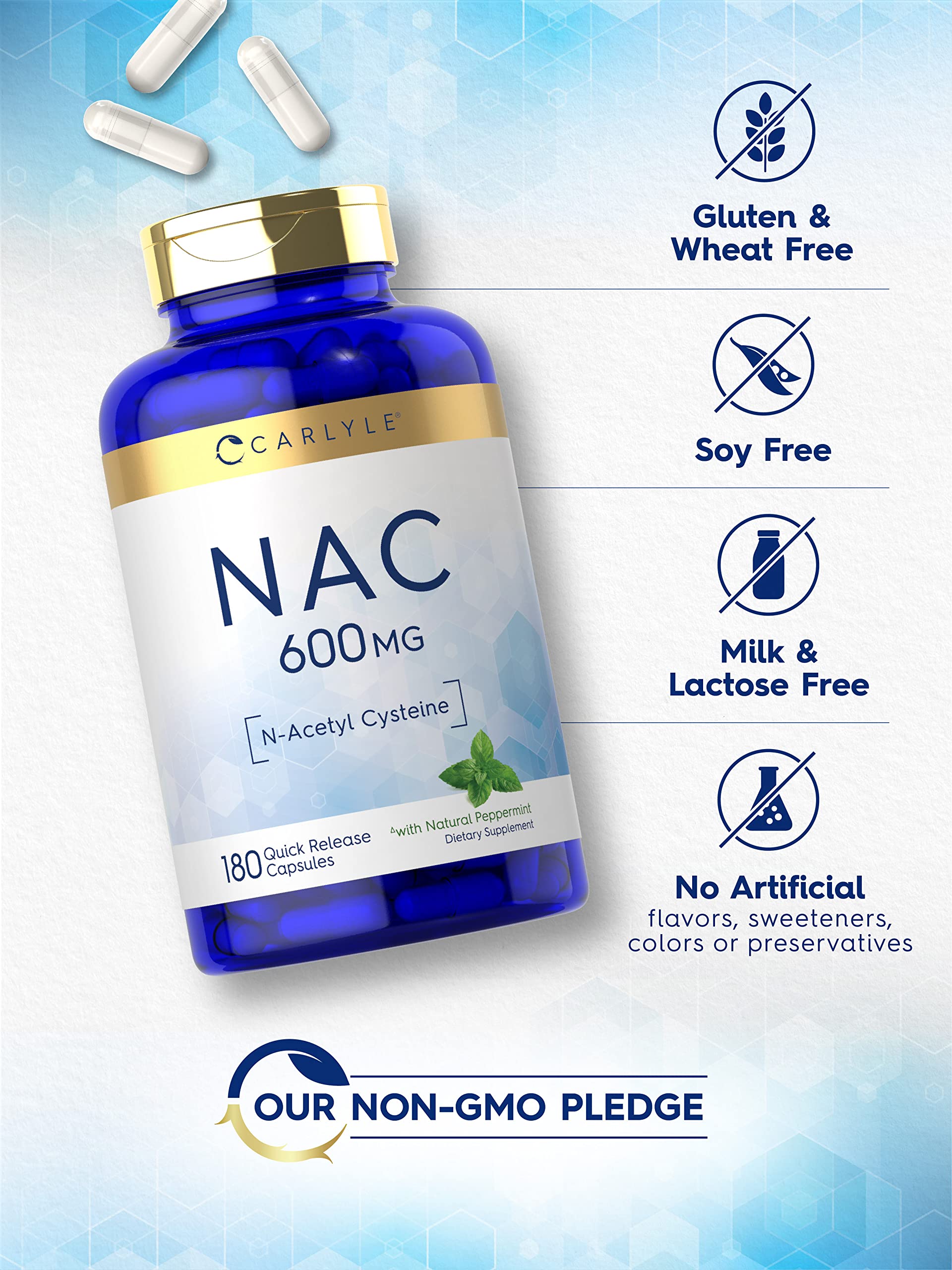Carlyle NAC N-Acetyl Cysteine 600mg Supplement - 180 Capsules with Peppermint | Free Form, Non-GMO, Gluten Free | Supports Liver Health & Detox | for Daily Wellness & Immune Support