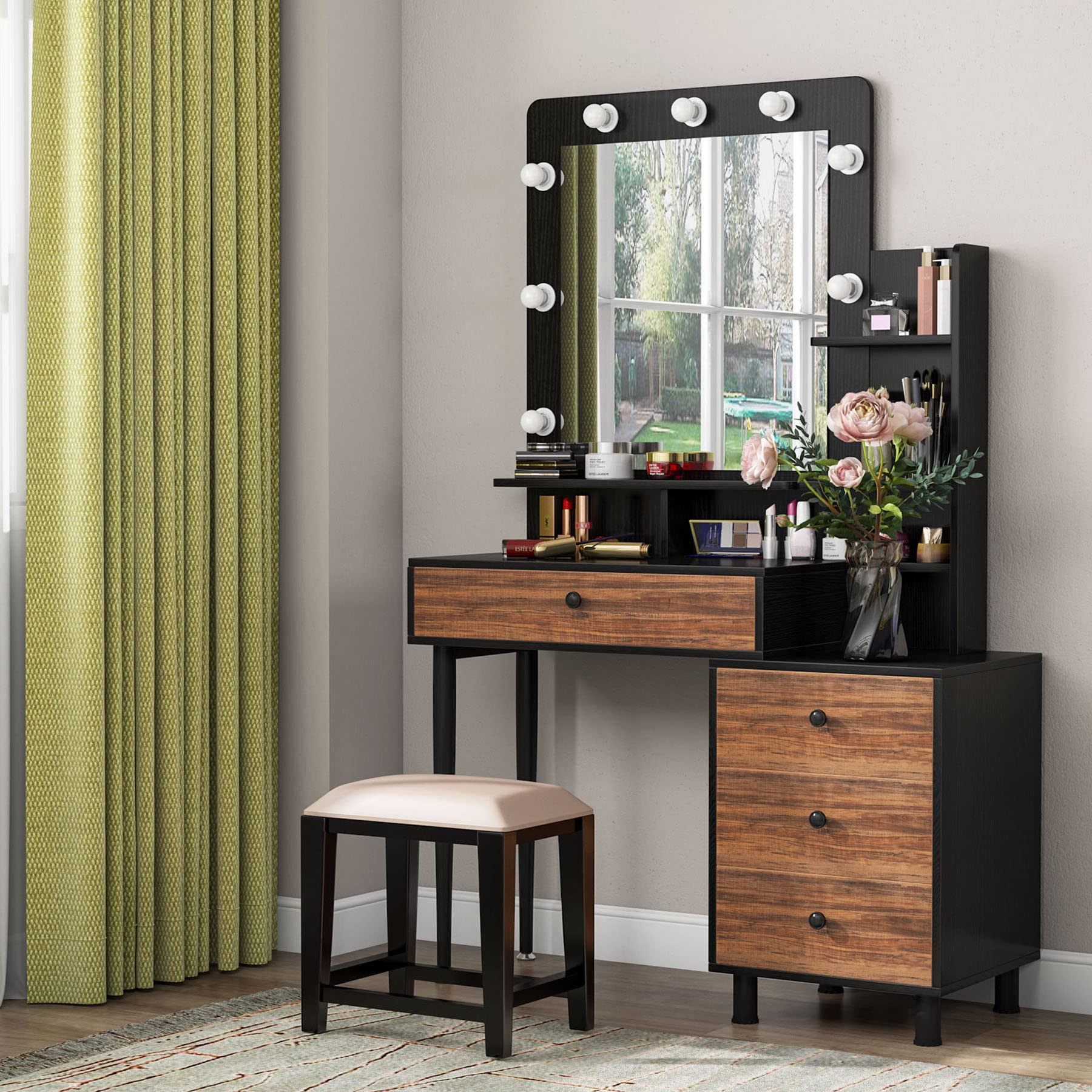 Tribesigns Vintage Vanity Table with LED Lighted Mirror, Makeup Dressing Table with Large Drawer & 3-Drawer Chest, Women's Bedroom Dresser (Brown/Black) - Perfect for Makeup, Skincare & Jewelry Organization in Bedroom or Dressing Room