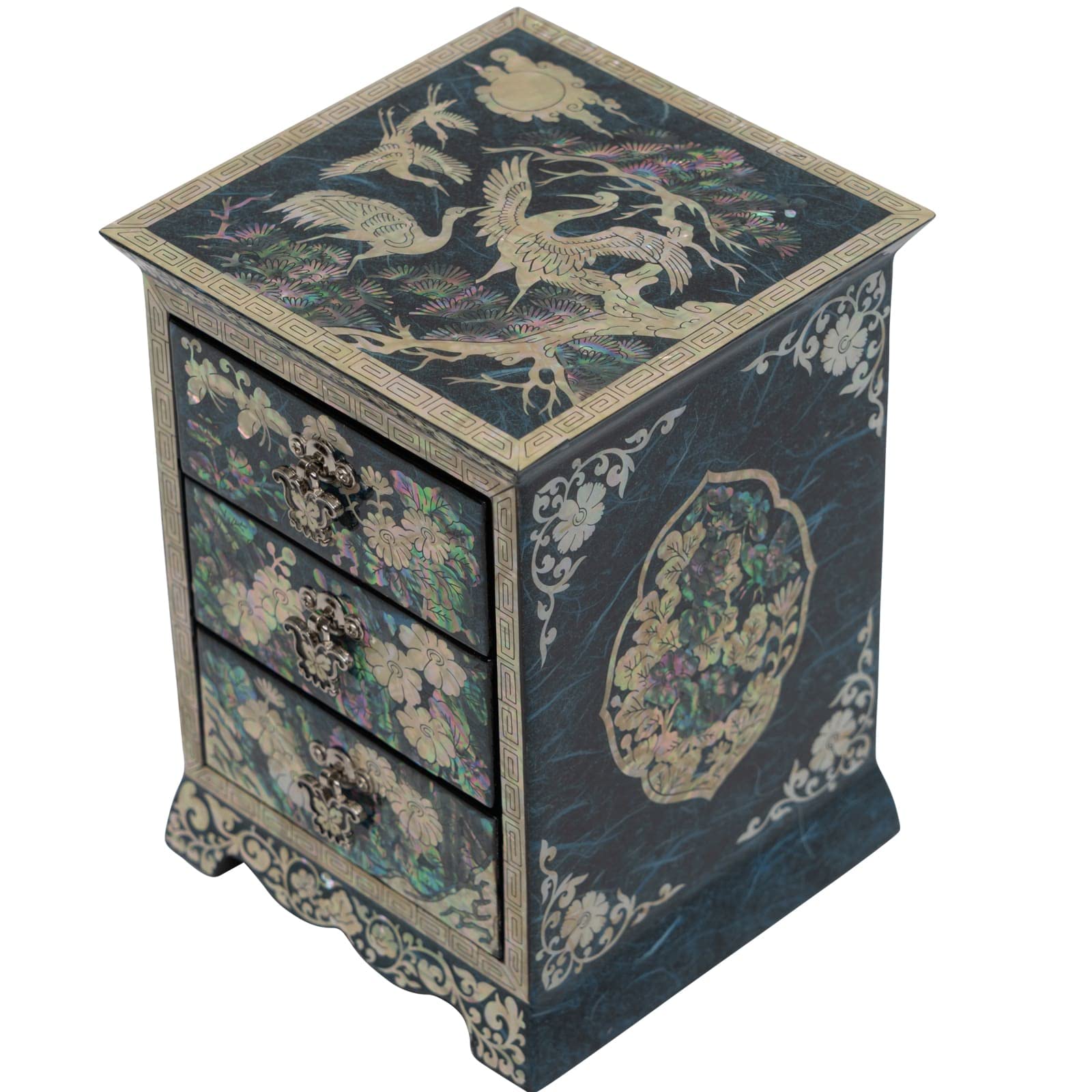 February Mountain Mother of Pearl Wooden Jewelry Box with 3 Drawers - Necklace, Earring, Bracelet & Ring Organizer (Blue) | Perfect for Bedroom, Vanity & Travel Jewelry Storage