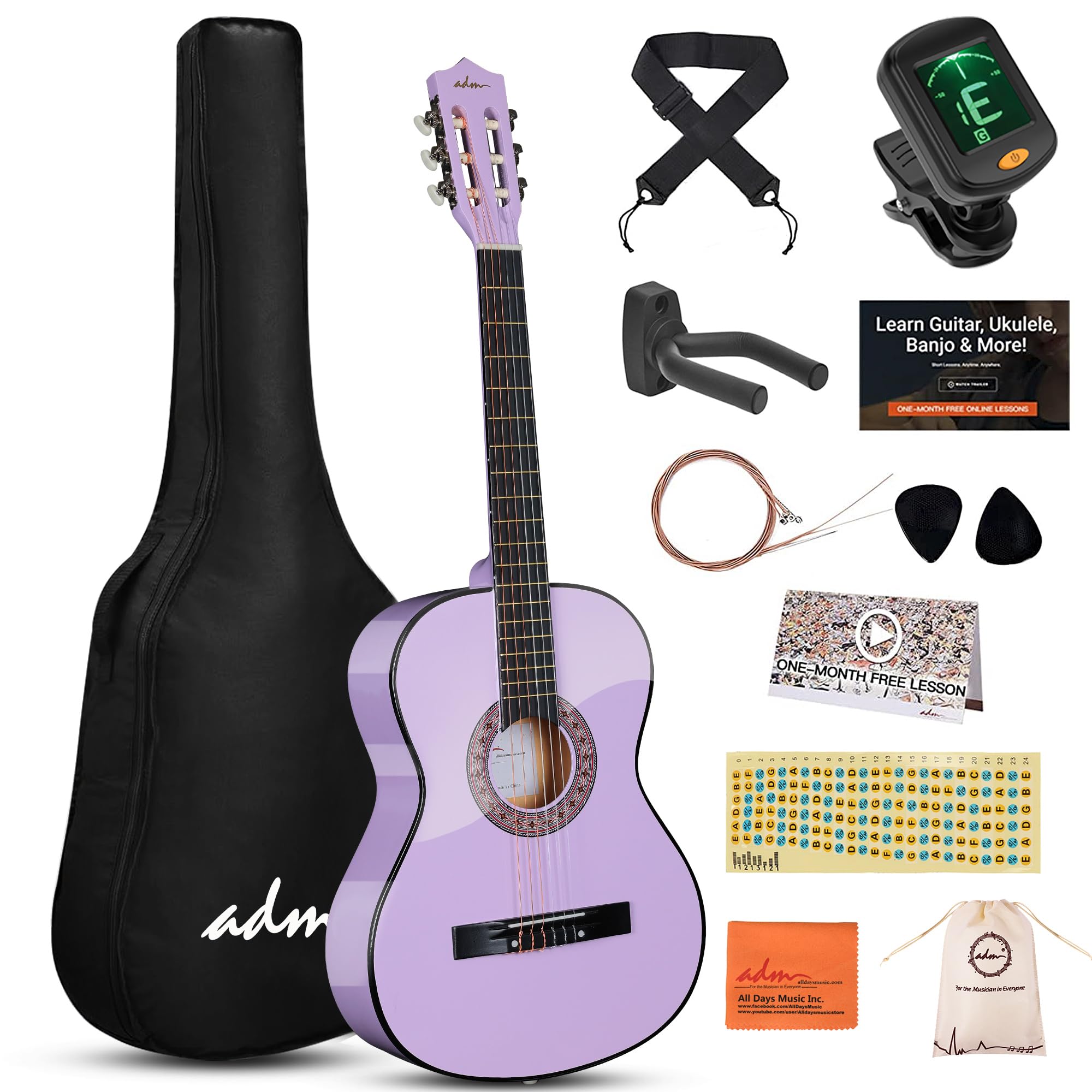 **ADM 38 Inch Beginner Acoustic Classical Guitar with Nylon Strings - Wooden Guitar Bundle Kit for Kids, Boys, Girls, Students & Youth - Includes Gig Bag, Strap, Tuner & Extra Strings (Purple) - Perfect for Online Lessons, Home Practice & Music Class Performances**