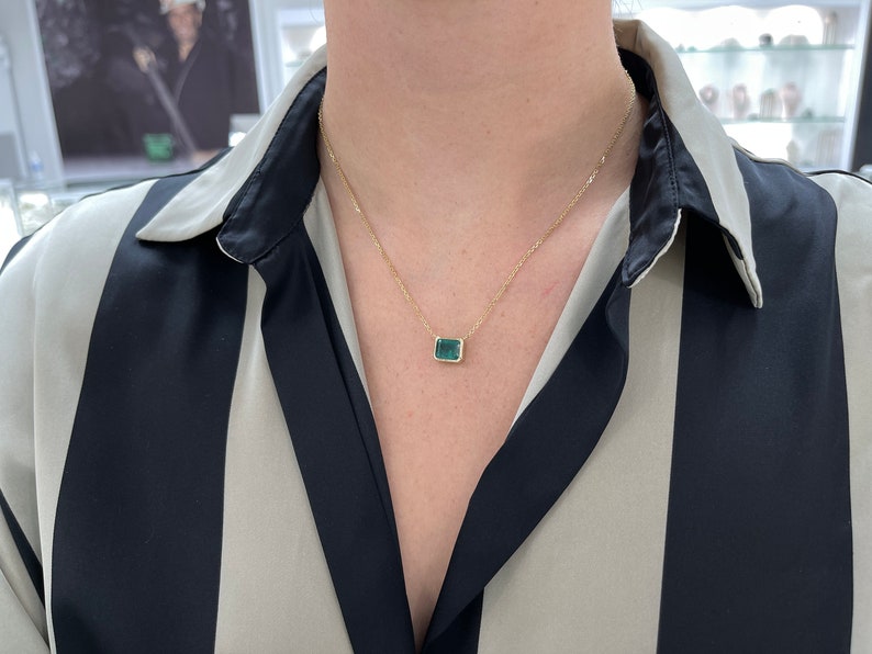 4.20 Carat Bluish Green Emerald Cut Bezel Set Necklace in 14K Gold - Elegant East to West Design for Women's Everyday Wear & Special Occasions