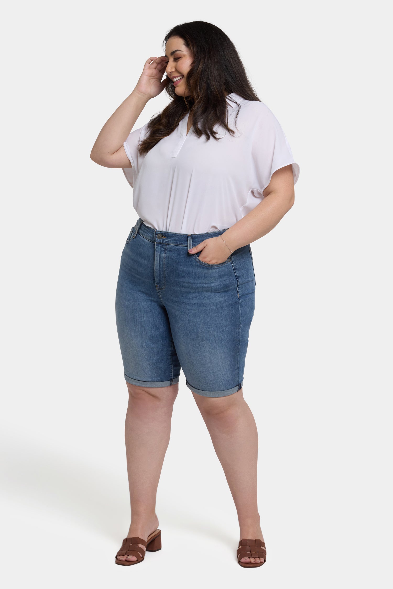 Briella 11 Inch Plus Size Denim Shorts for Women - Comfortable Stretch High Waist Jeans Shorts | Perfect for Summer, Beach, and Casual Outings