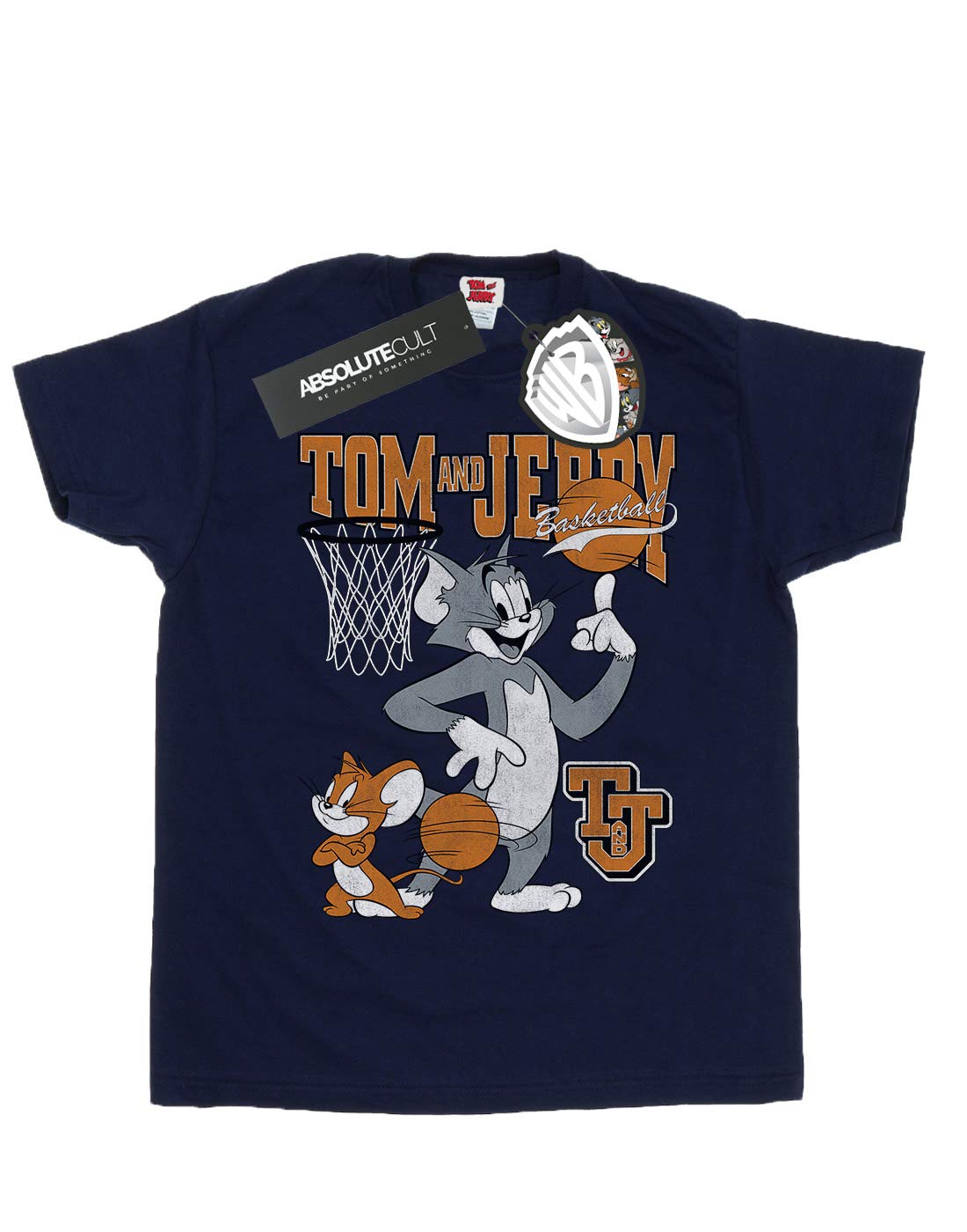 Tom and Jerry Men's Spinning Basketball Graphic T-Shirt - Navy Blue Cotton Tee - Medium Size - Casual Wear & Sports Fan Gift