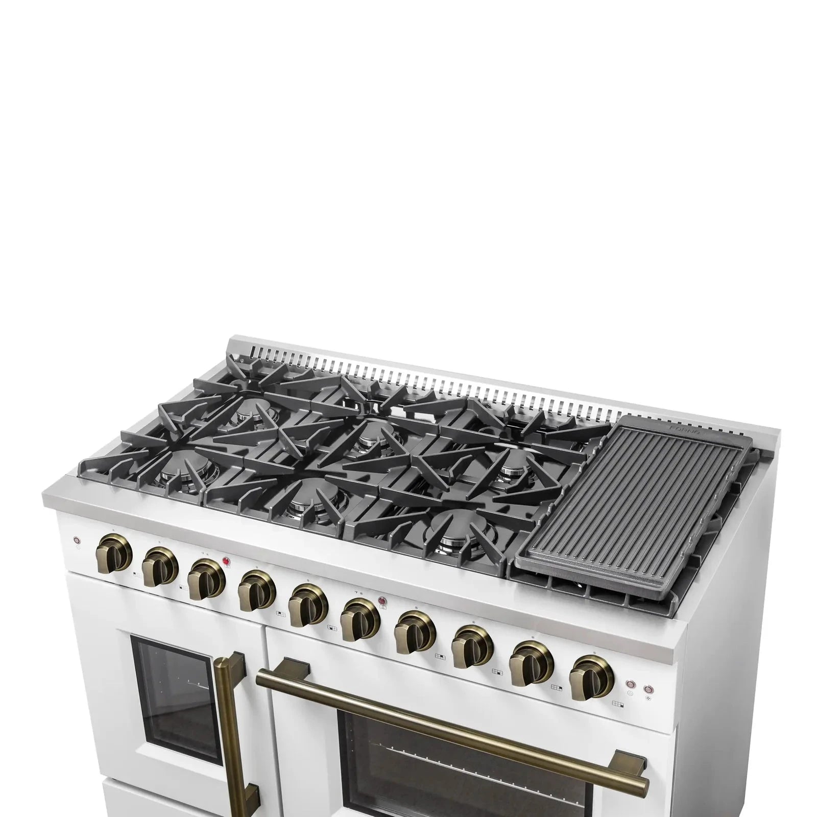 Forno Galiano 48-Inch Freestanding All Gas Range with French Doors - White with Antique Brass Trim (Model FFSGS6444 48WHT) - Perfect for Modern Kitchens & Professional Chefs