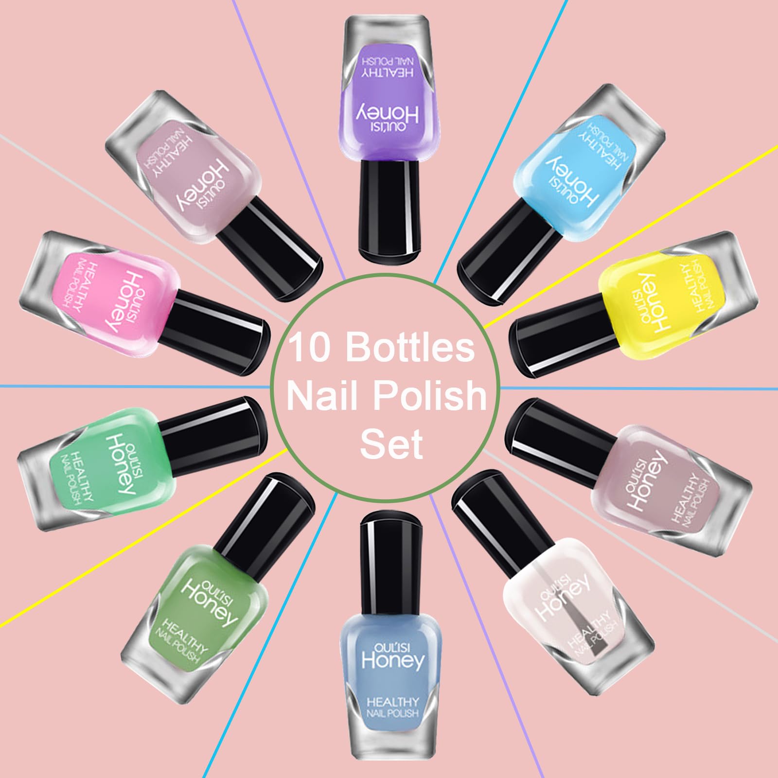 OUL'ISI Non Toxic Quick Dry Nail Polish Set - 10 Bottles Water Based Nail Polish for Women, Fingernail & Toenail, Easy Peel Off, Non Gel Formula | Perfect for Home Manicures, Salon Nail Art & Gift Giving