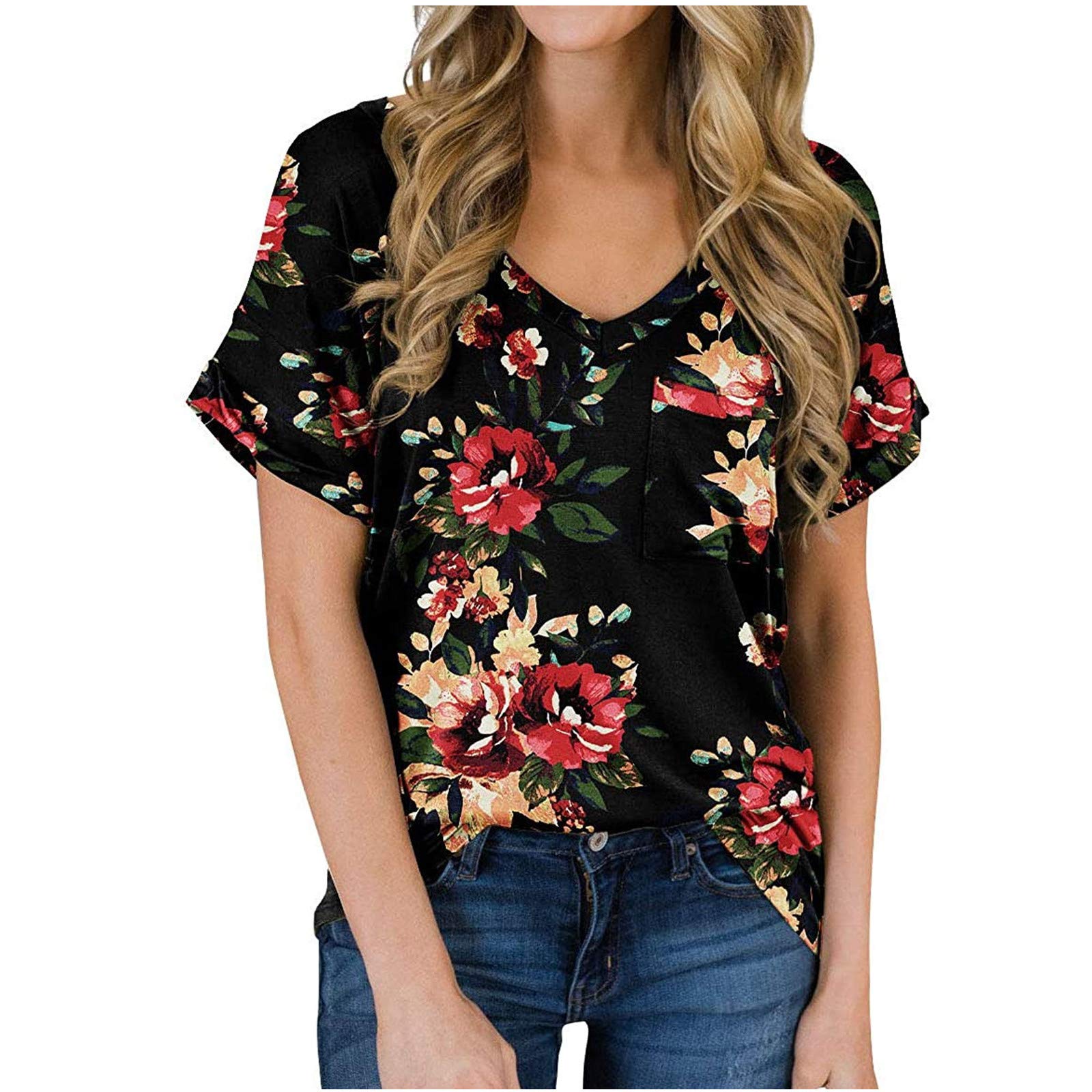 Women's Loose Fit V-Neck Pocket T-Shirt with Ruffled Detail - Casual Summer Fashion Top for Everyday Wear, Outings & Beach Days